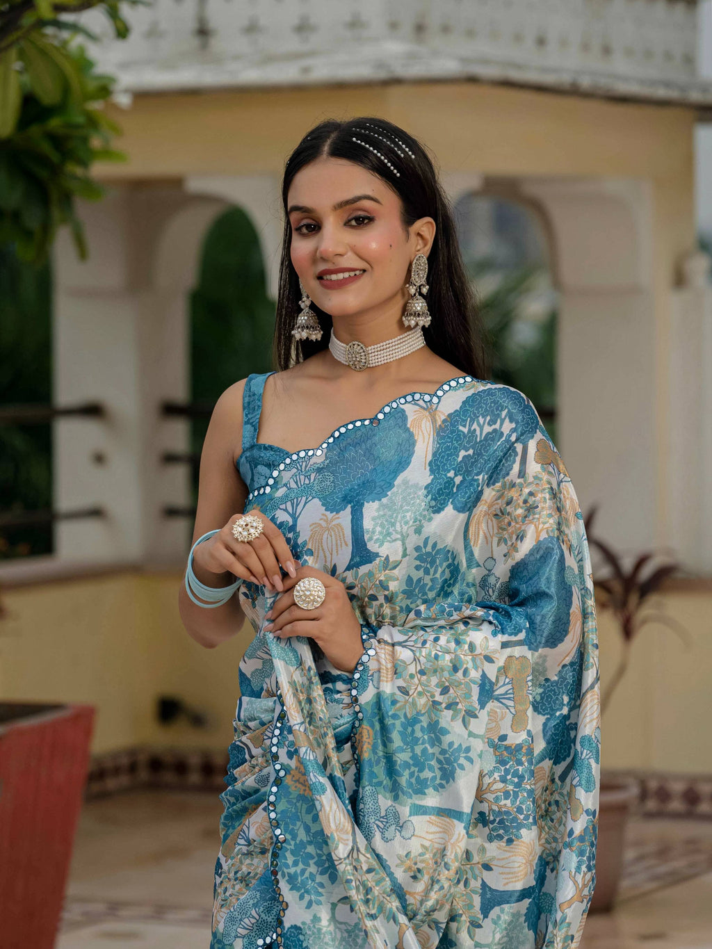 Jyoti Fashion Morpich Chinon Digital Print with Mirror Saree with Blouse