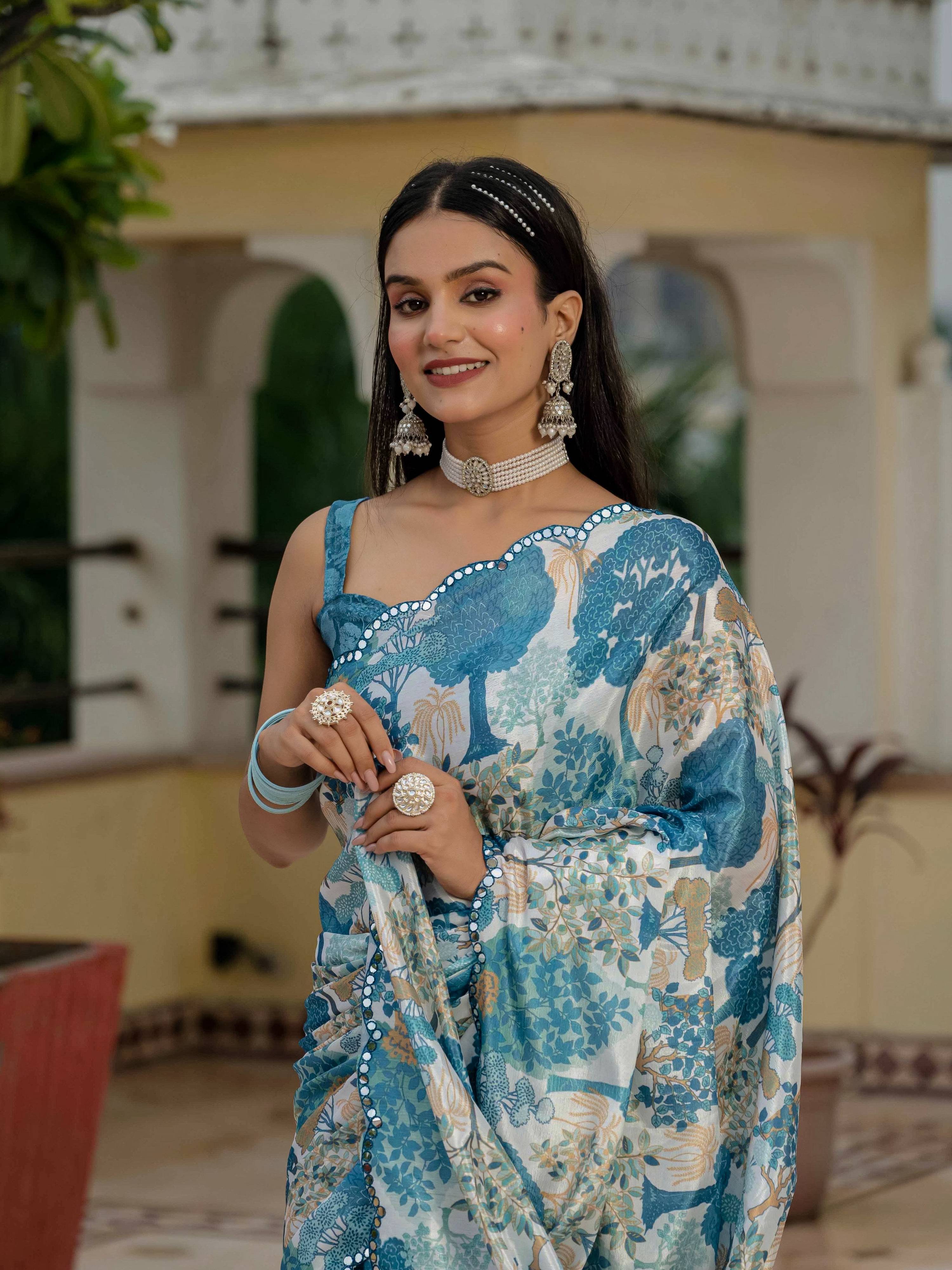 Jyoti Fashion Morpich Chinon Digital Print with Mirror Saree with Blouse