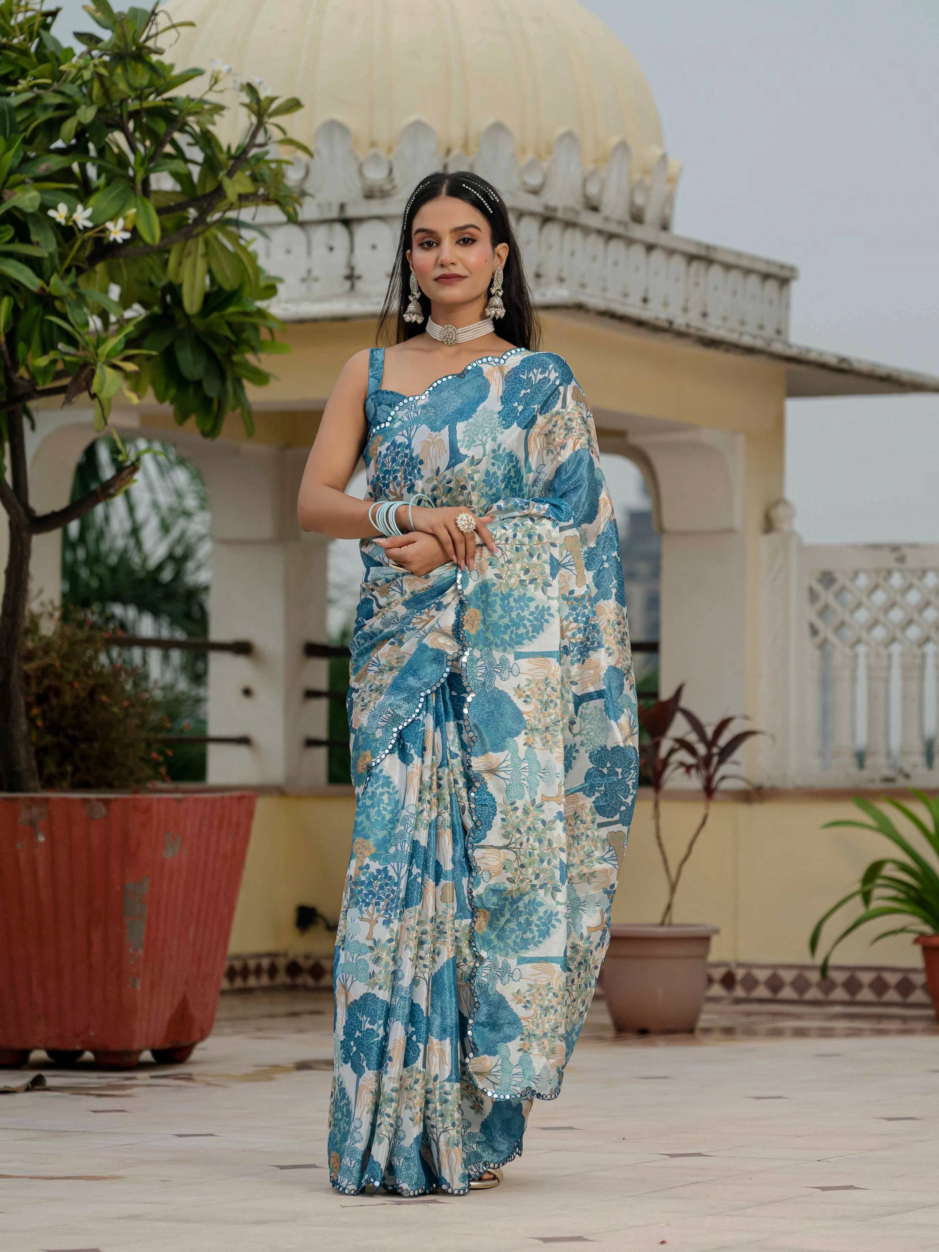 Jyoti Fashion Morpich Chinon Digital Print with Mirror Saree with Blouse