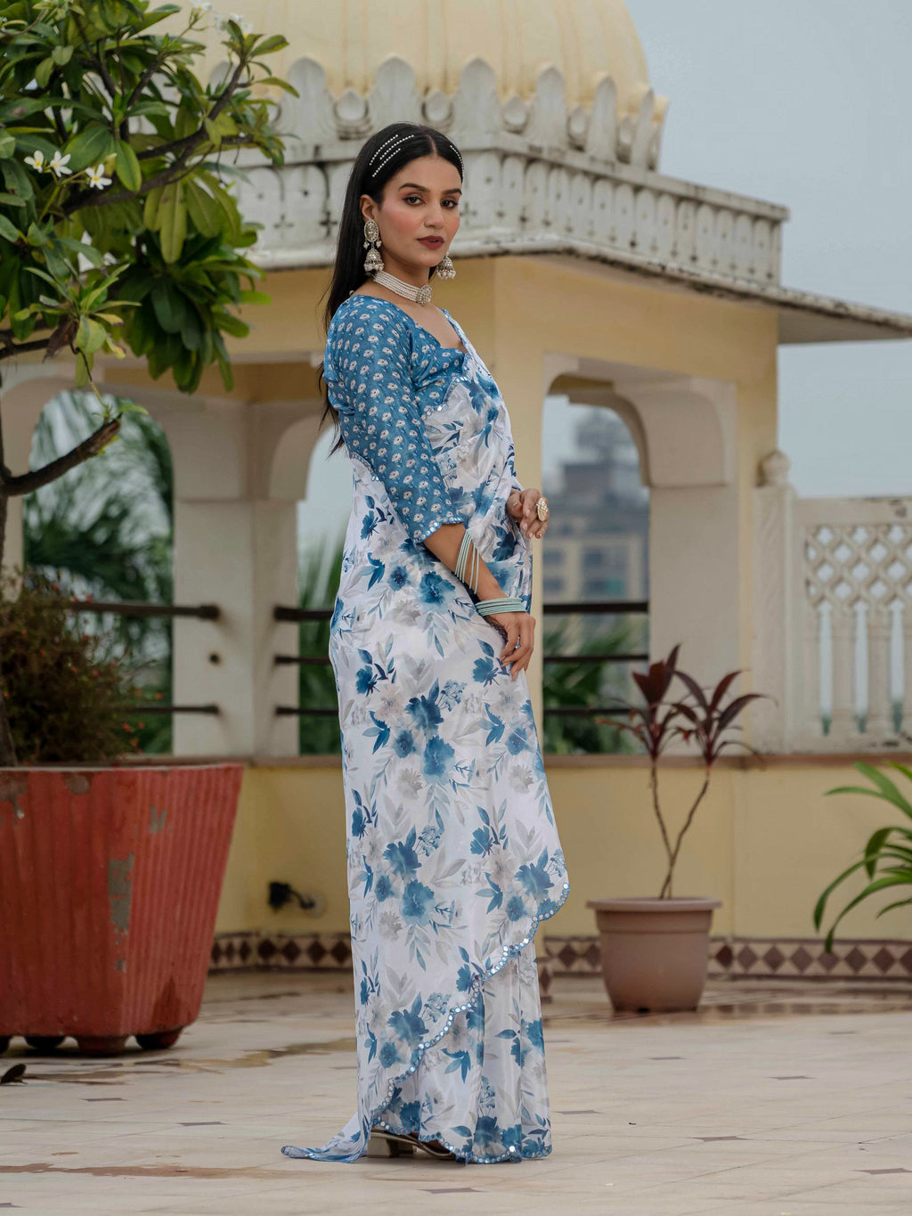 Jyoti Fashion Women's Blue Chinon Digital Print with Mirror Saree with Blouse