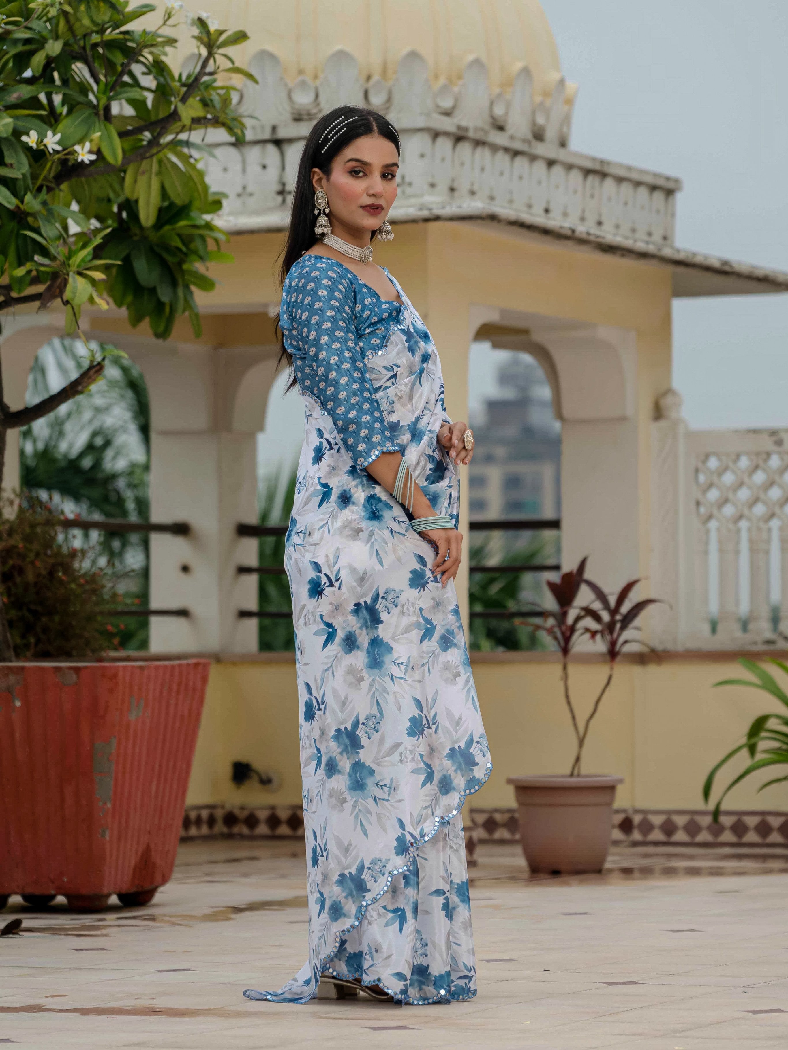 Jyoti Fashion Women's Blue Chinon Digital Print with Mirror Saree with Blouse
