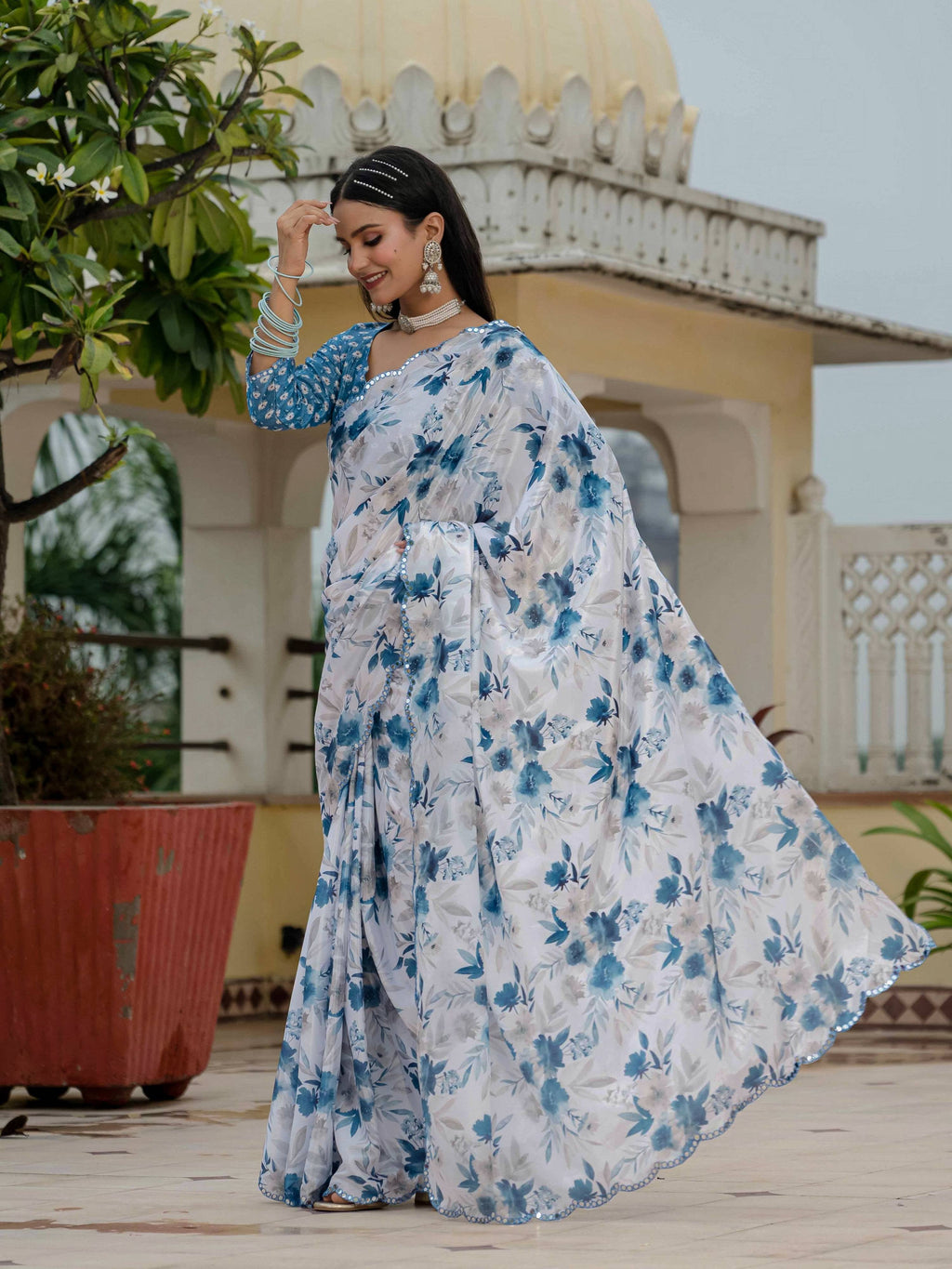Jyoti Fashion Women's Blue Chinon Digital Print with Mirror Saree with Blouse