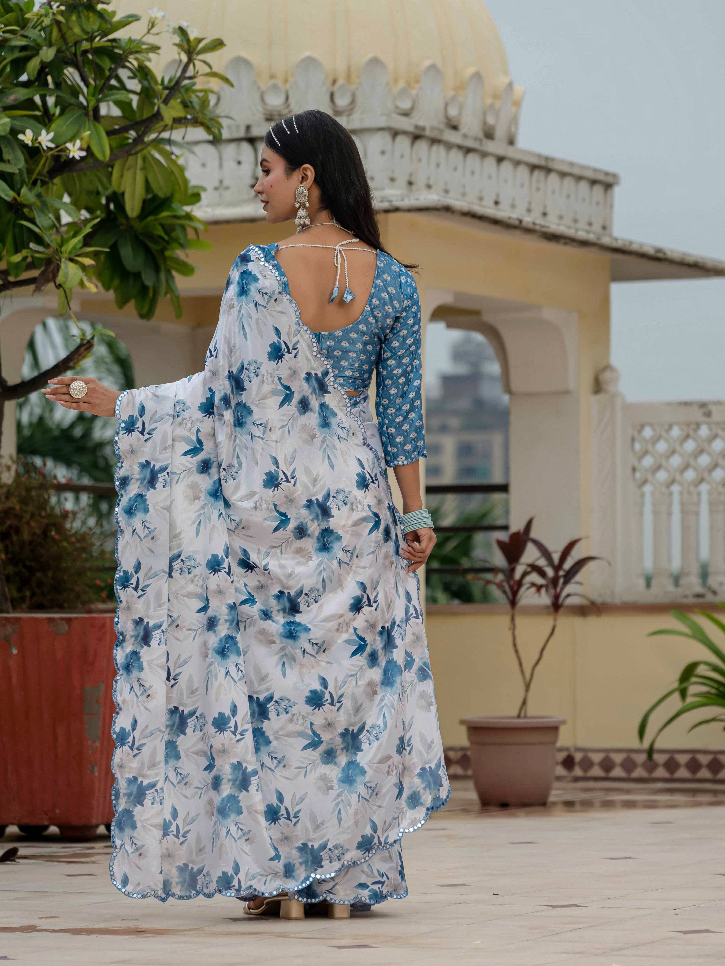 Jyoti Fashion Women's Blue Chinon Digital Print with Mirror Saree with Blouse