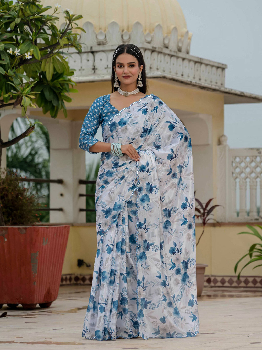 Jyoti Fashion Women's Blue Chinon Digital Print with Mirror Saree with Blouse