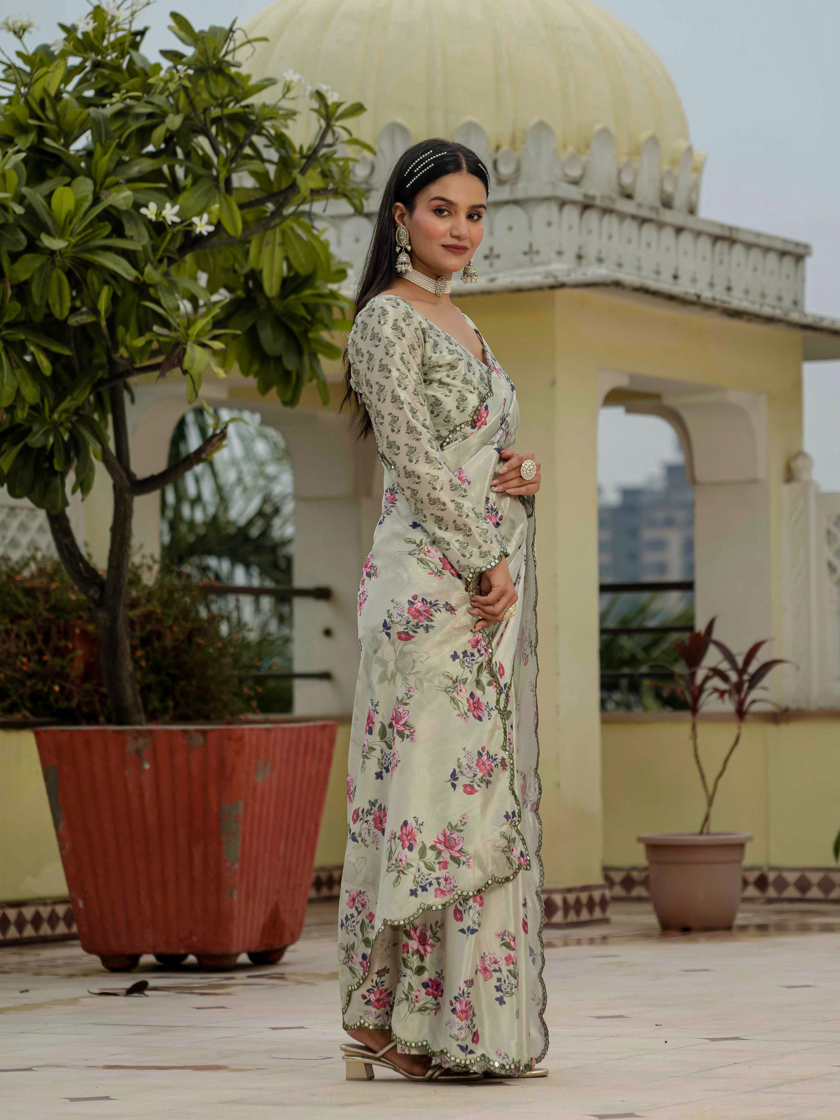 Jyoti Fashion Women's Pista Green Chinon Digital Print with Mirror Saree with Blouse