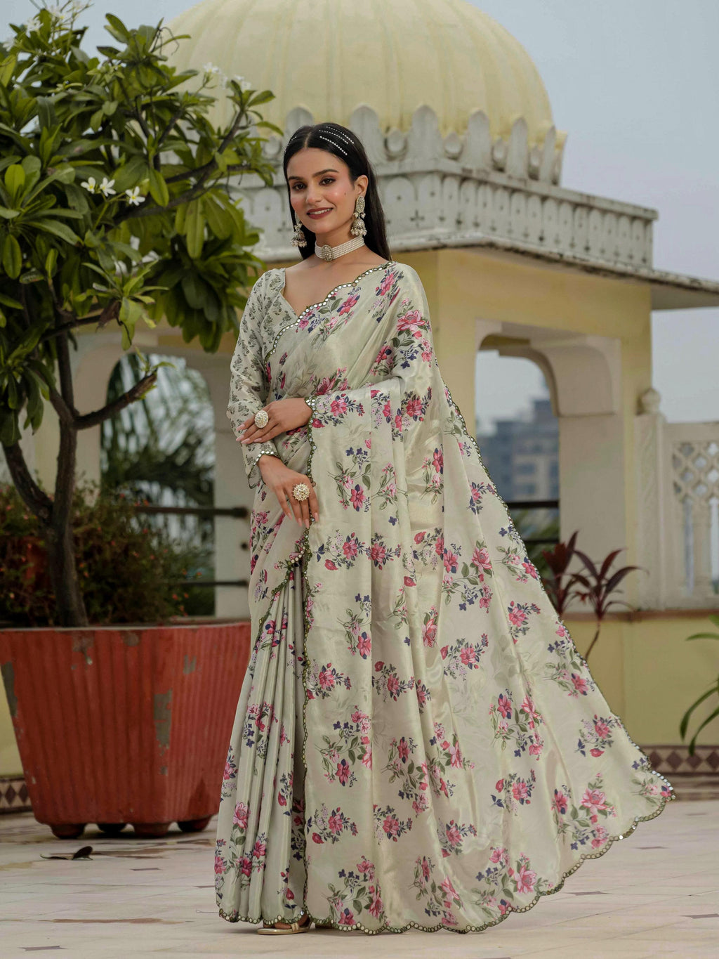 Jyoti Fashion Women's Pista Green Chinon Digital Print with Mirror Saree with Blouse