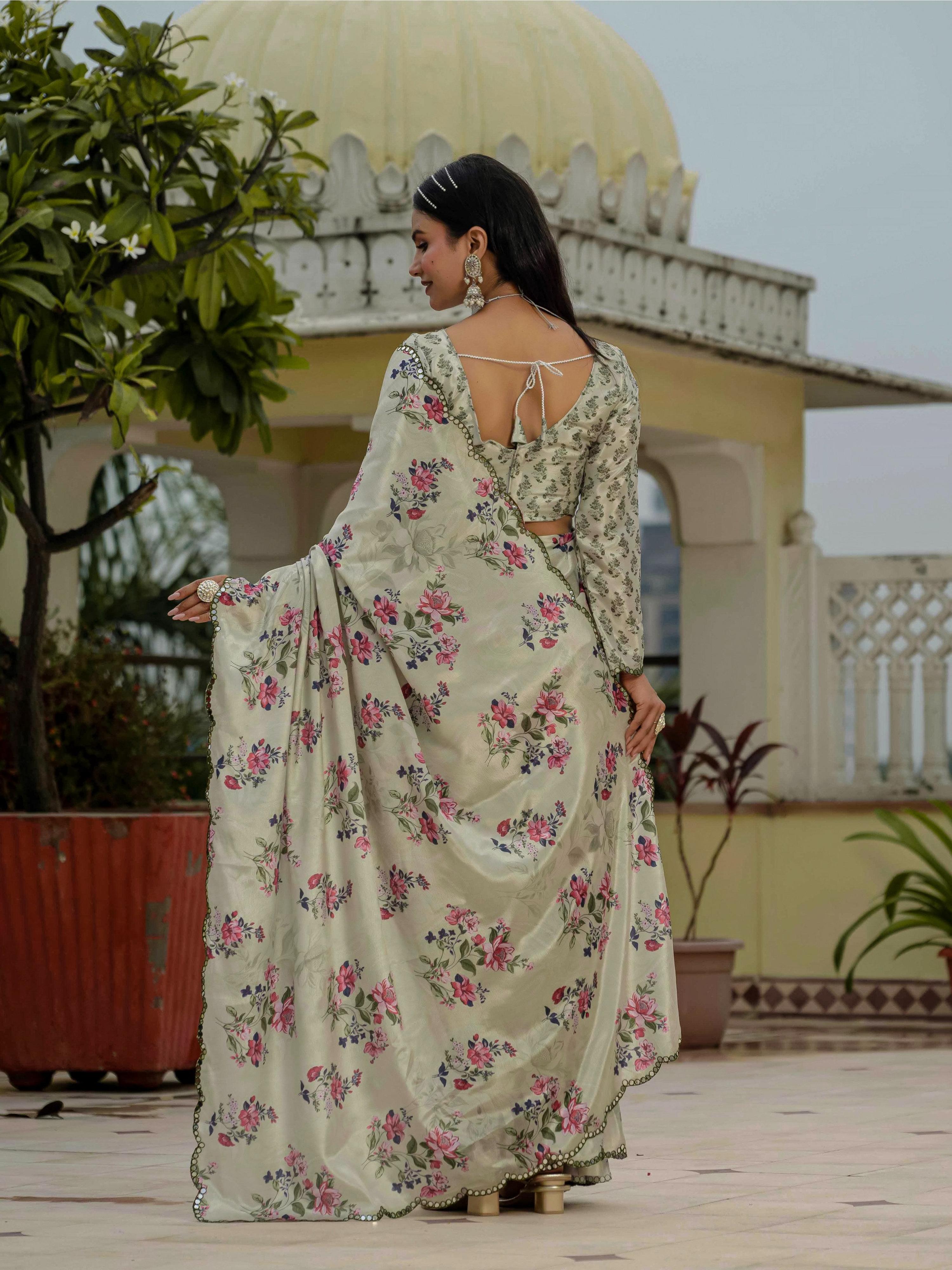 Jyoti Fashion Women's Pista Green Chinon Digital Print with Mirror Saree with Blouse