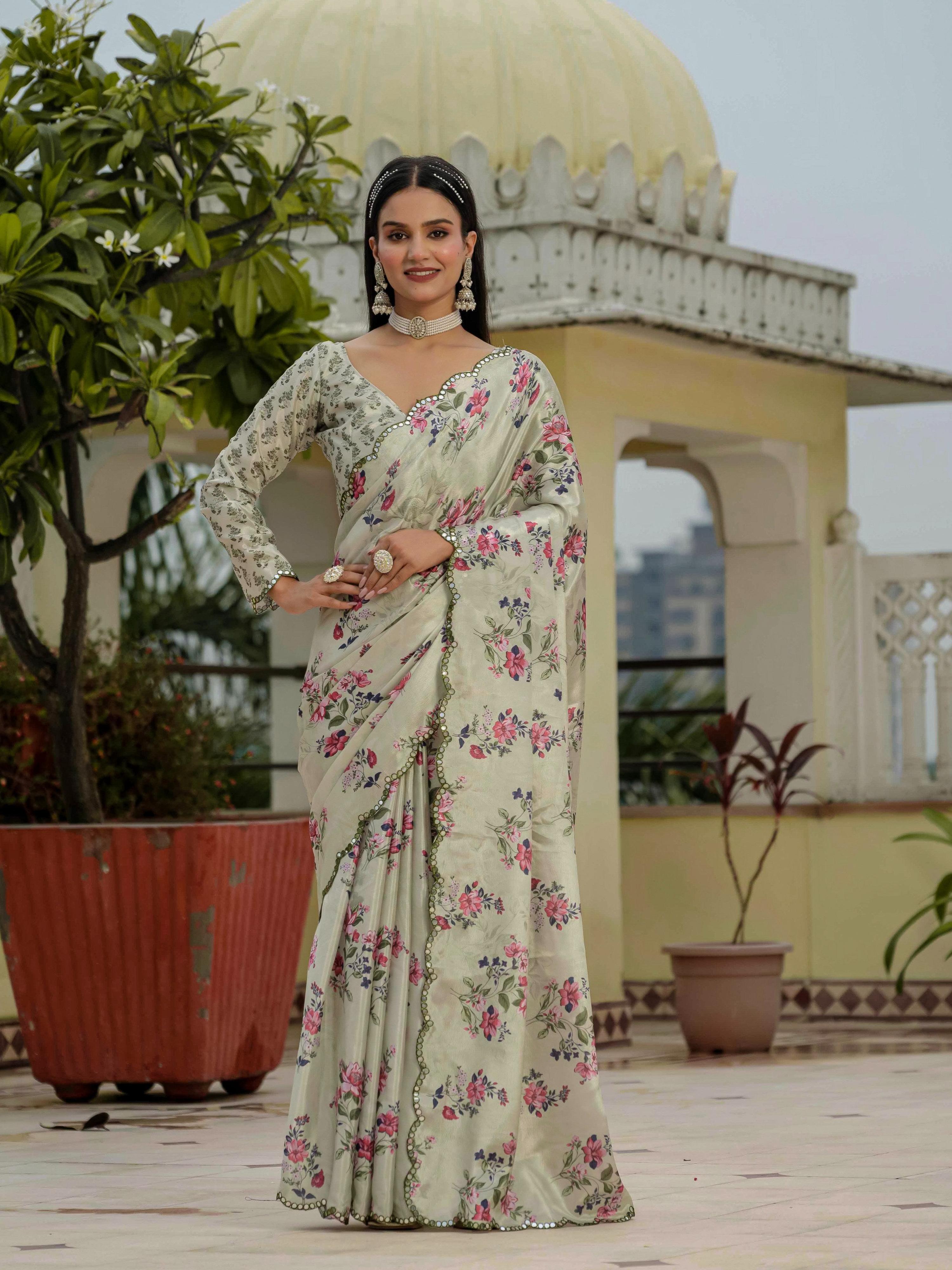 Jyoti Fashion Women's Pista Green Chinon Digital Print with Mirror Saree with Blouse