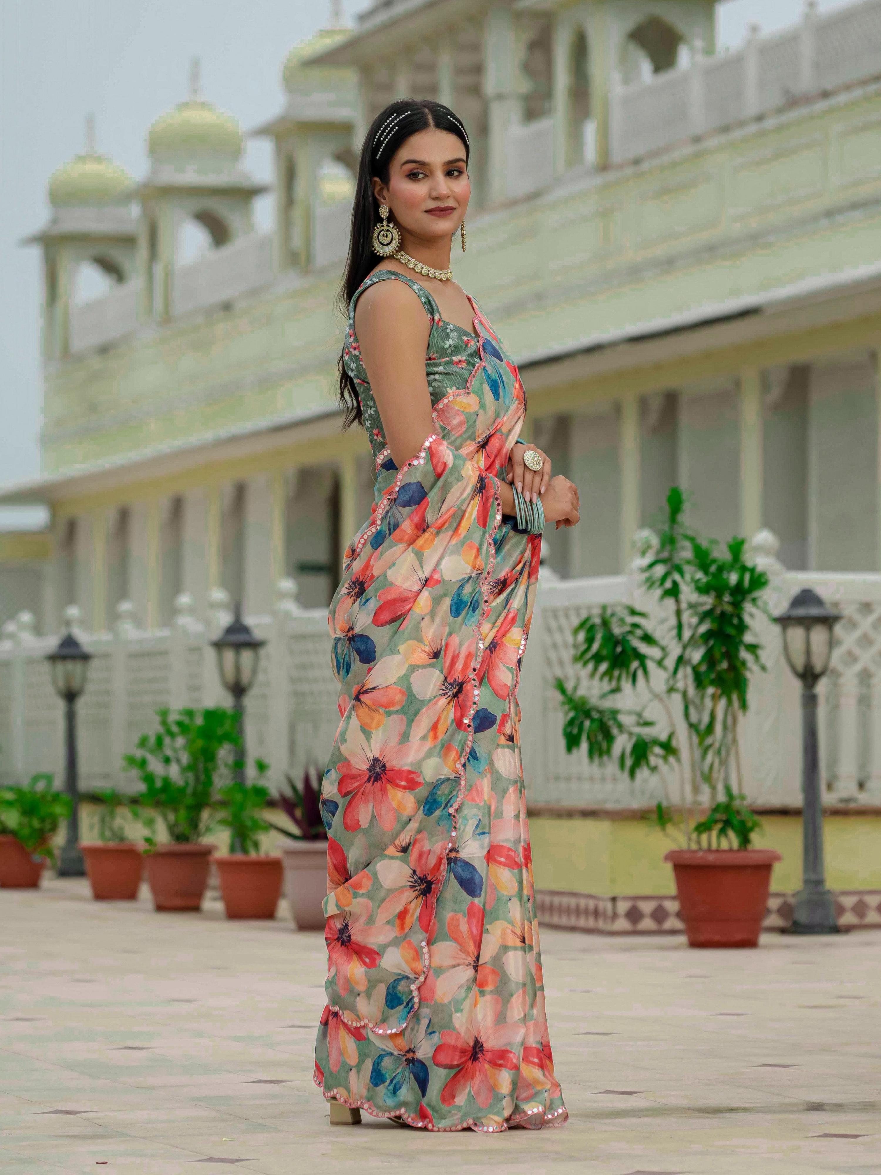 Jyoti Fashion Women's Multicolor Chinon Digital Print with Mirror Saree with Blouse
