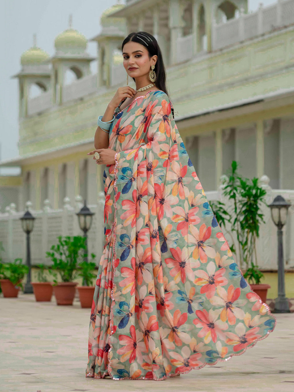 Jyoti Fashion Women's Multicolor Chinon Digital Print with Mirror Saree with Blouse