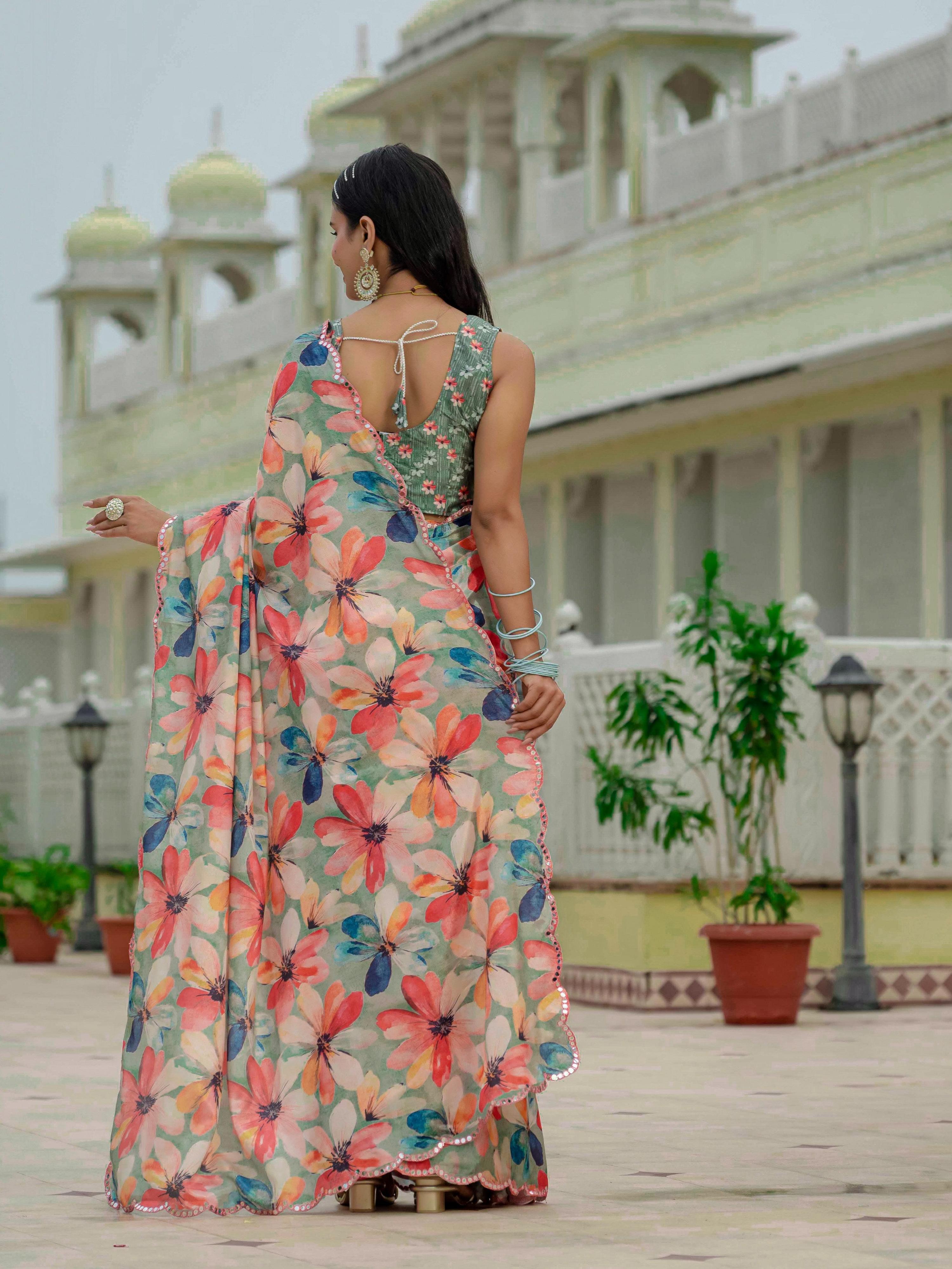 Jyoti Fashion Women's Multicolor Chinon Digital Print with Mirror Saree with Blouse