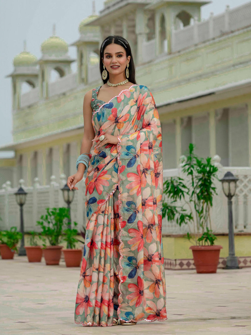 Jyoti Fashion Women's Multicolor Chinon Digital Print with Mirror Saree with Blouse