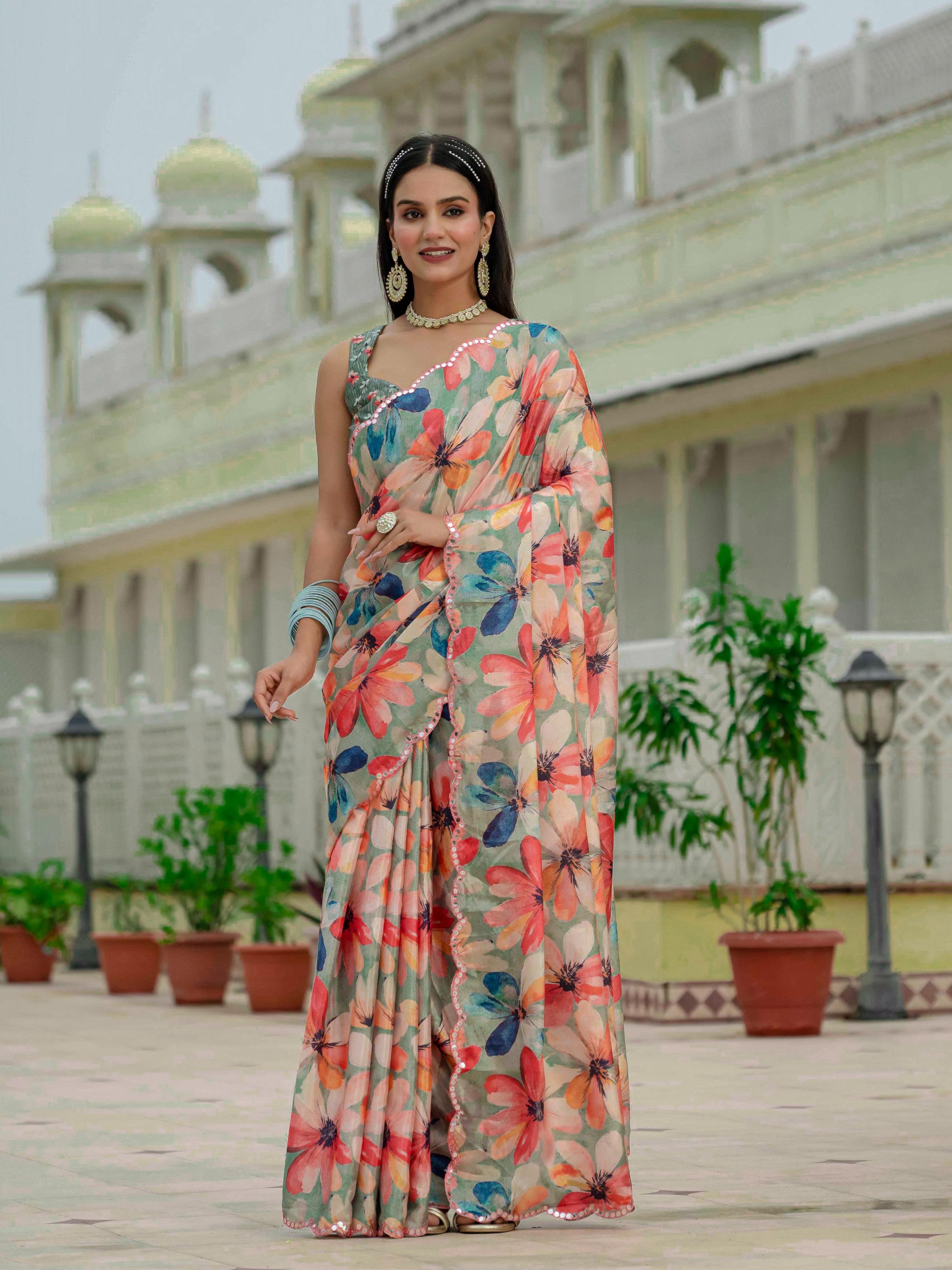 Jyoti Fashion Women's Multicolor Chinon Digital Print with Mirror Saree with Blouse