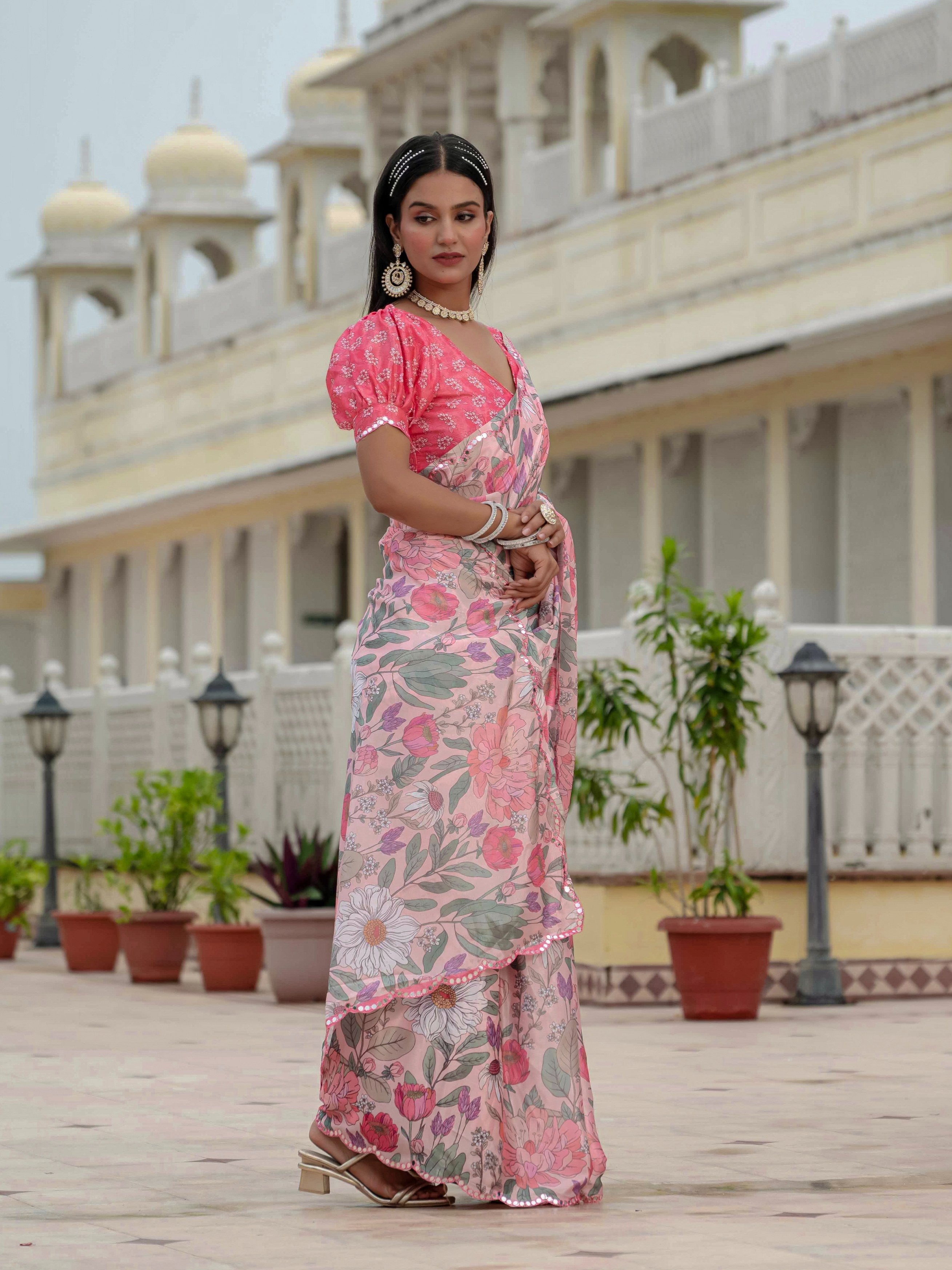Jyoti Fashion Women's Multicolor Chinon Digital Print with Mirror Saree with Blouse