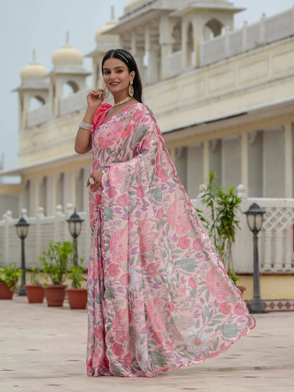 Jyoti Fashion Women's Multicolor Chinon Digital Print with Mirror Saree with Blouse