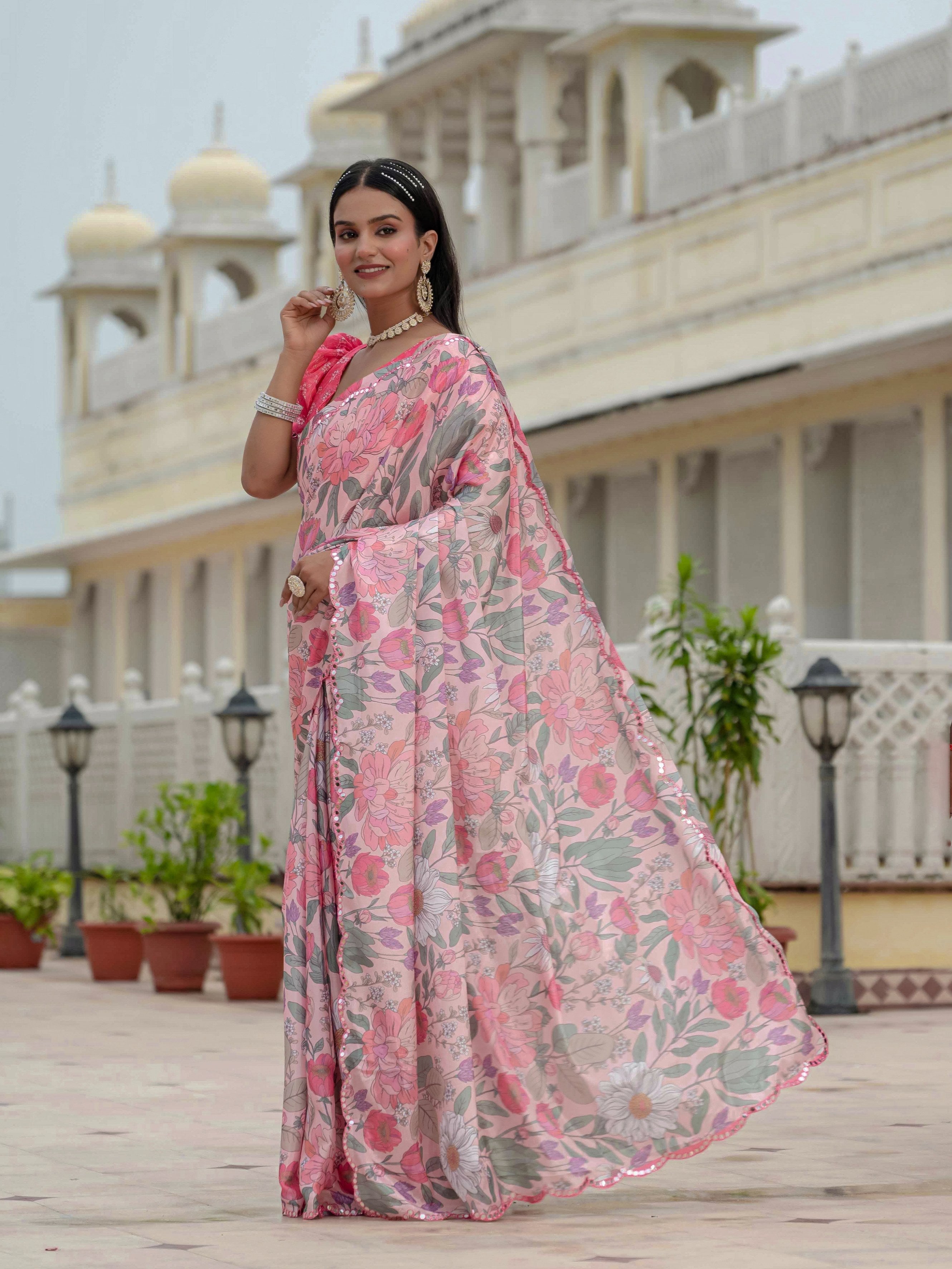 Jyoti Fashion Women's Multicolor Chinon Digital Print with Mirror Saree with Blouse