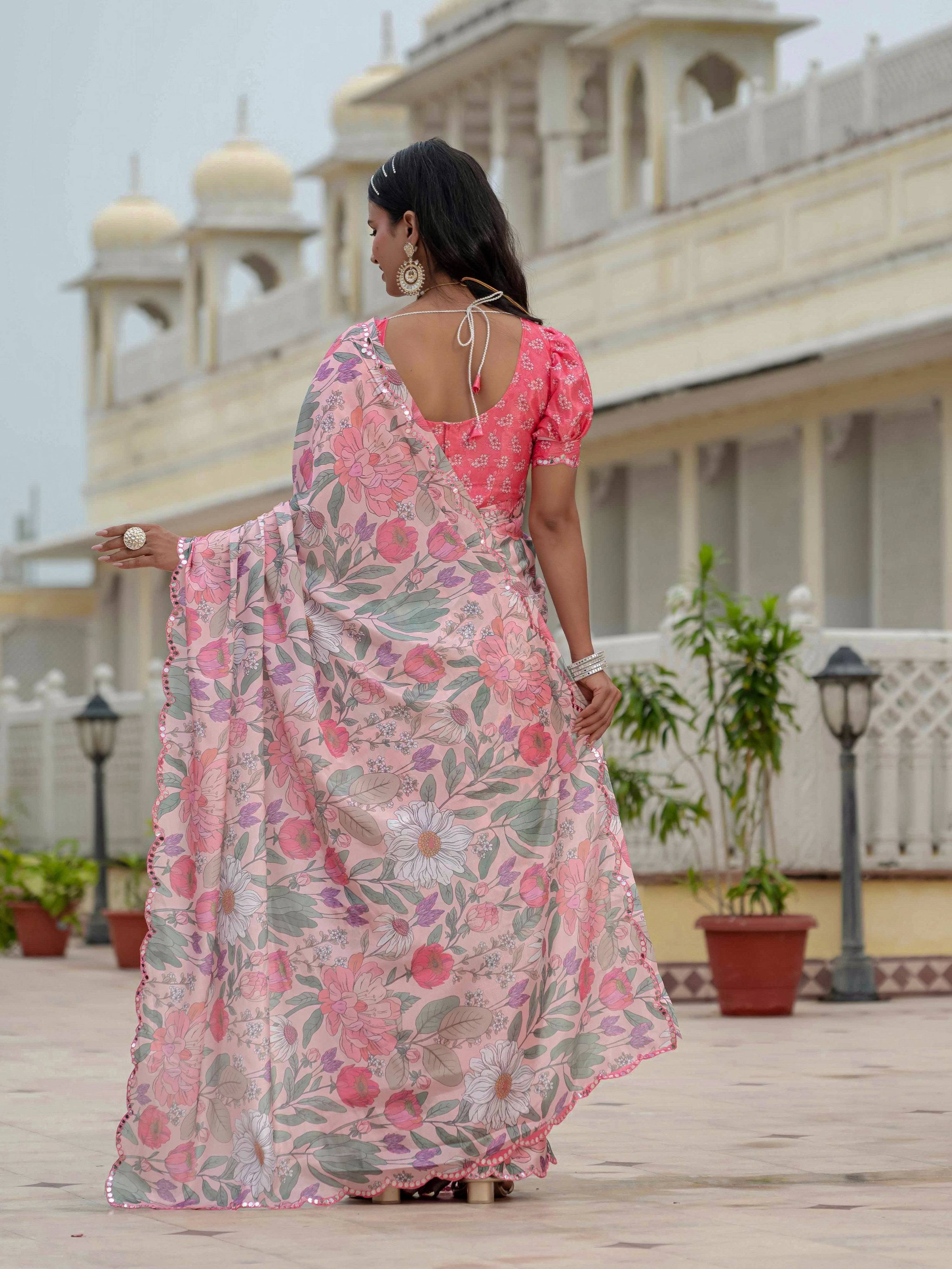 Jyoti Fashion Women's Multicolor Chinon Digital Print with Mirror Saree with Blouse