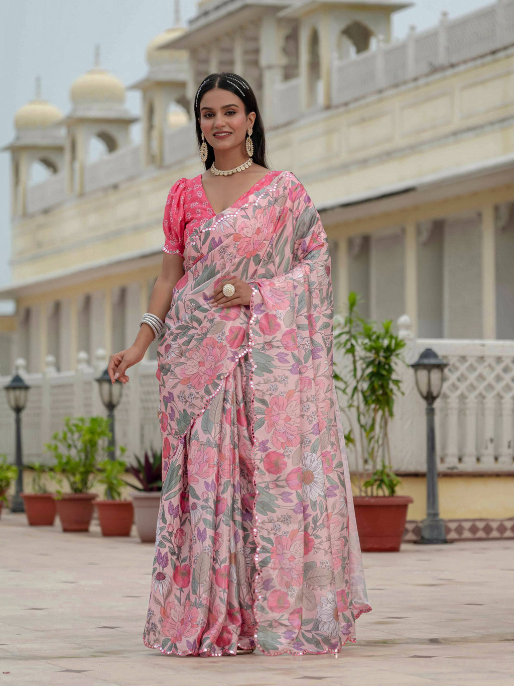 Jyoti Fashion Women's Multicolor Chinon Digital Print with Mirror Saree with Blouse