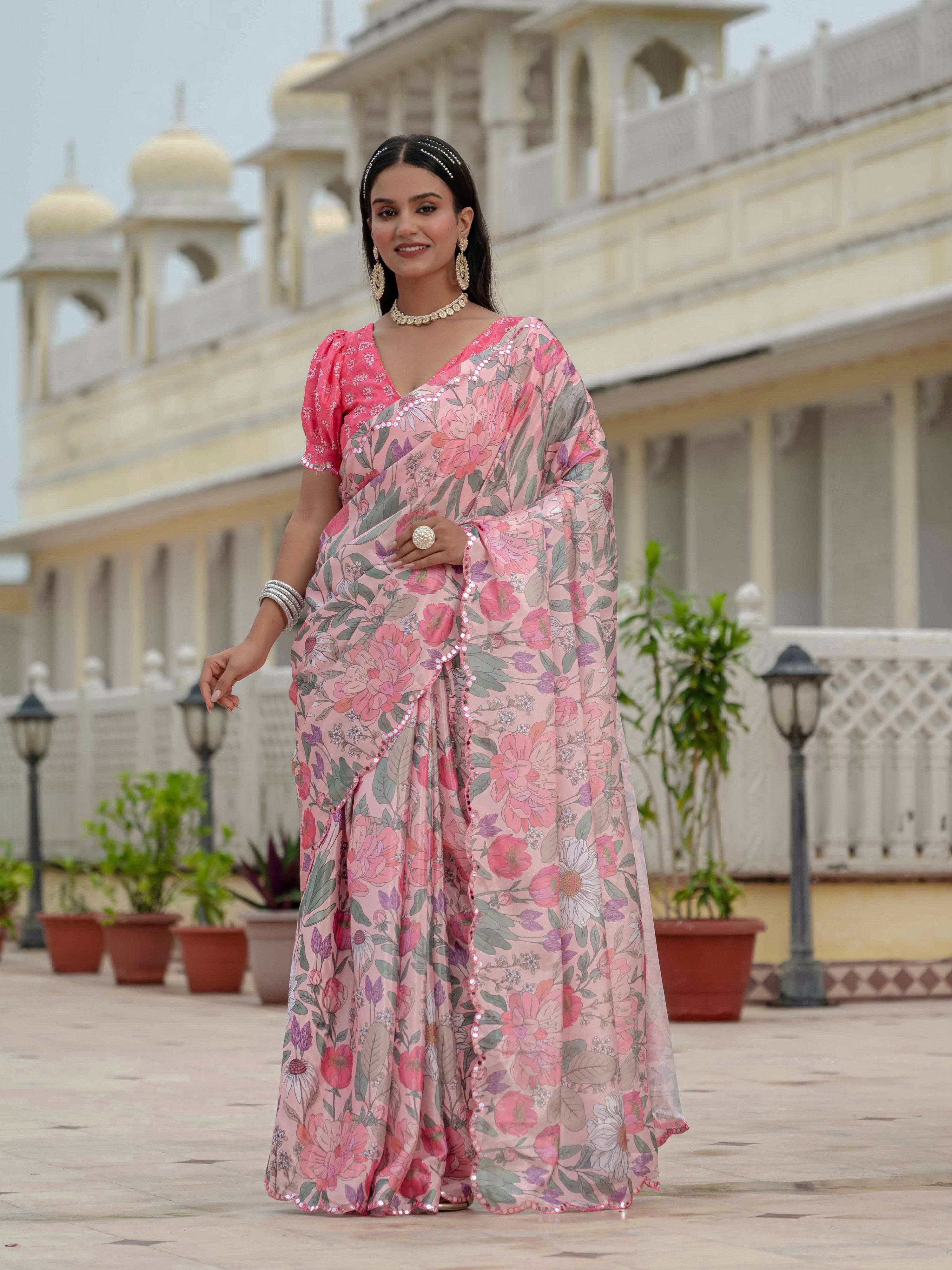 Jyoti Fashion Women's Multicolor Chinon Digital Print with Mirror Saree with Blouse