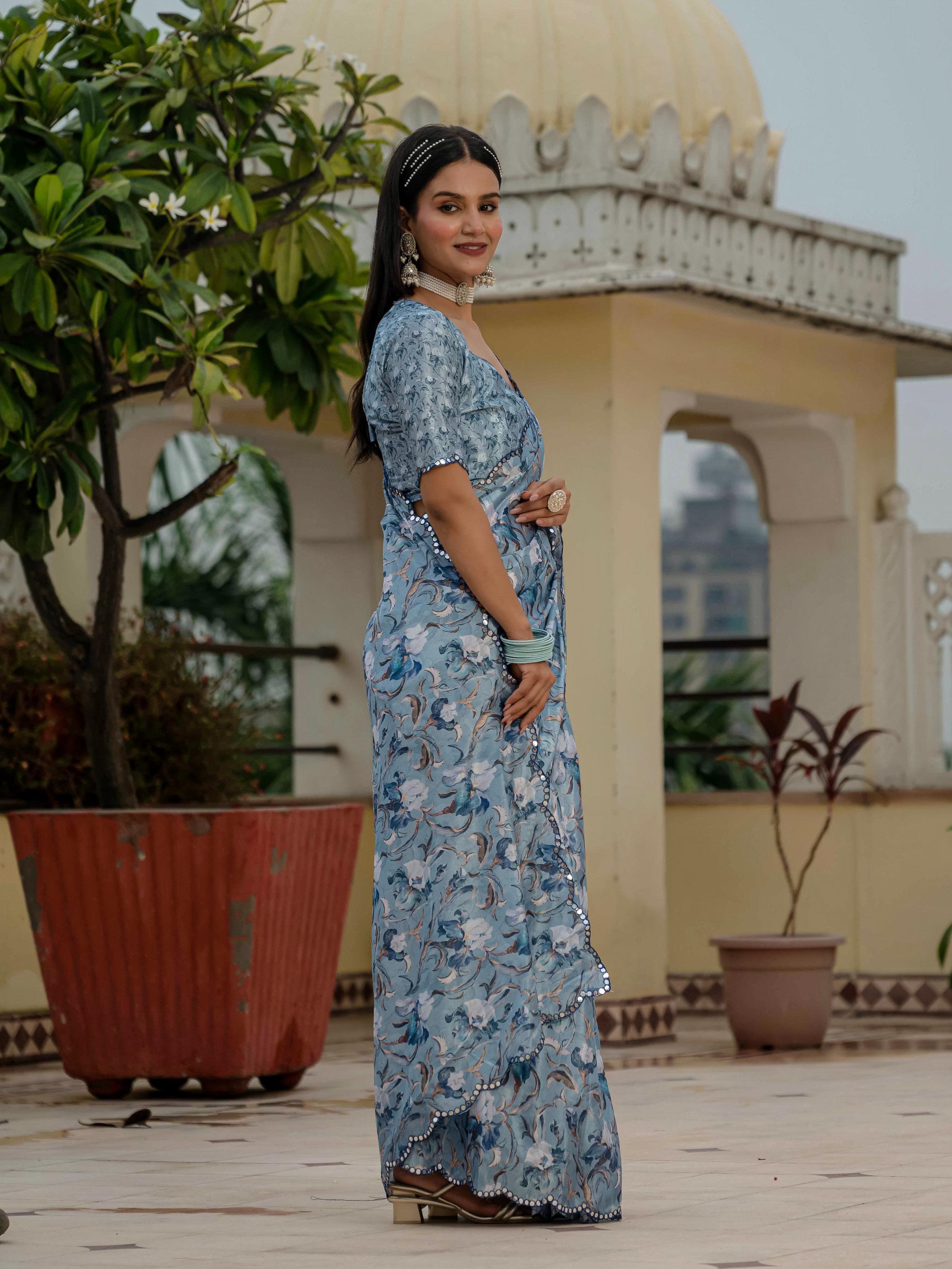 Jyoti Fashion Women's Sky Blue Chinon Digital Print with Mirror Saree with Blouse