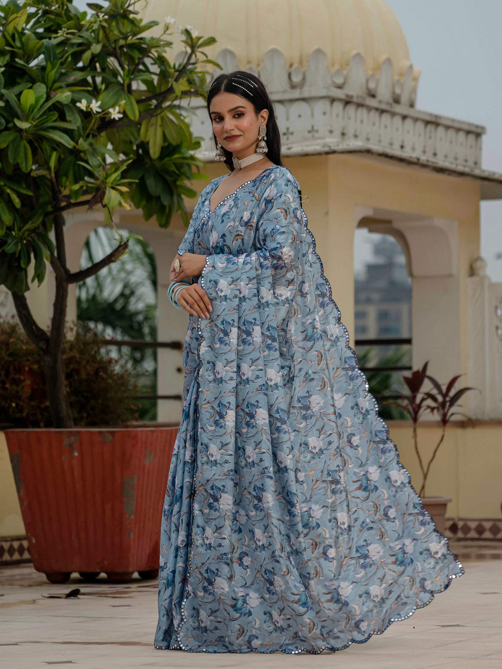 Jyoti Fashion Women's Sky Blue Chinon Digital Print with Mirror Saree with Blouse