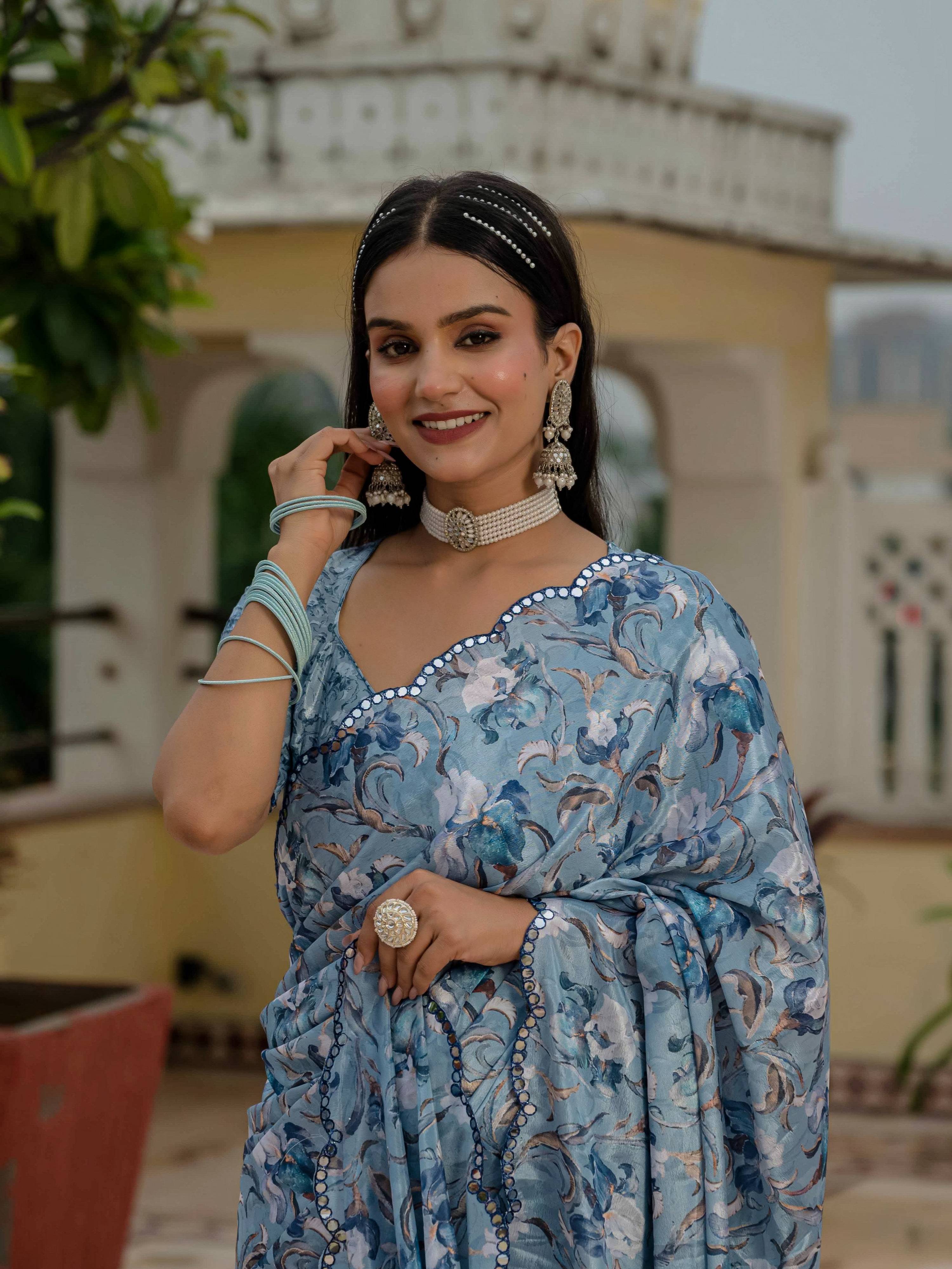 Jyoti Fashion Women's Sky Blue Chinon Digital Print with Mirror Saree with Blouse