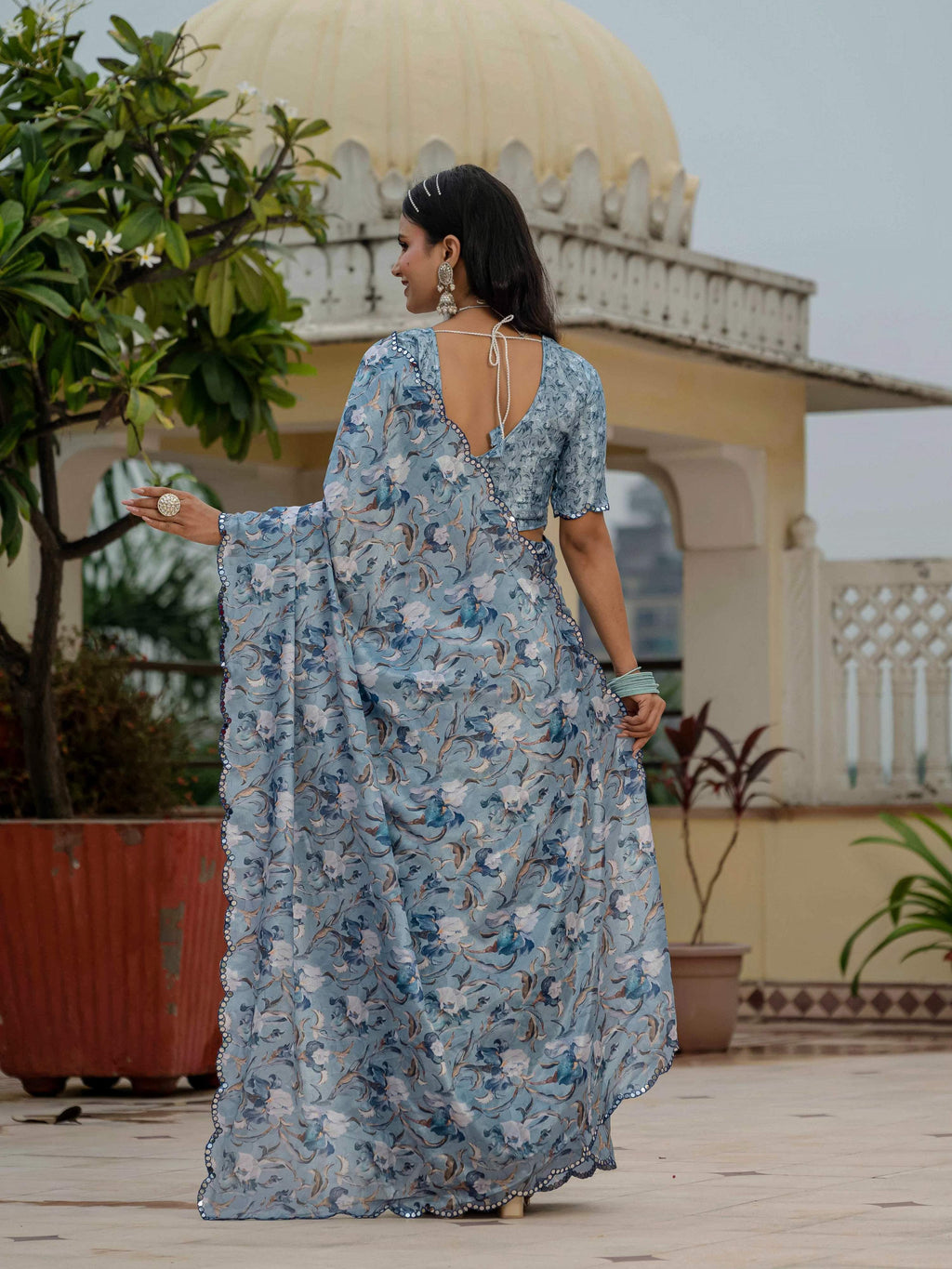 Jyoti Fashion Women's Sky Blue Chinon Digital Print with Mirror Saree with Blouse