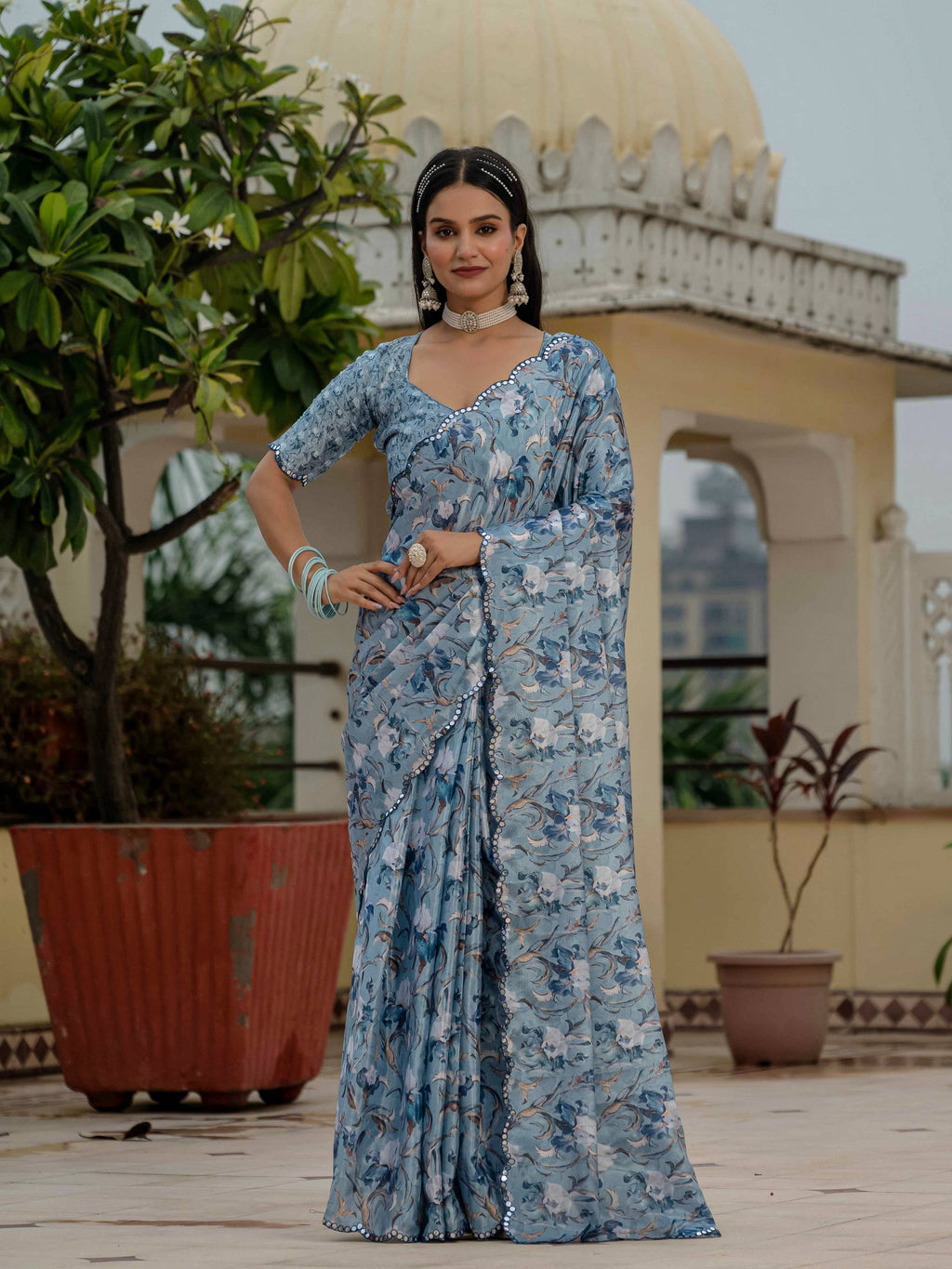 Jyoti Fashion Women's Sky Blue Chinon Digital Print with Mirror Saree with Blouse
