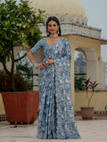 Jyoti Fashion Women's Sky Blue Chinon Digital Print with Mirror Saree with Blouse