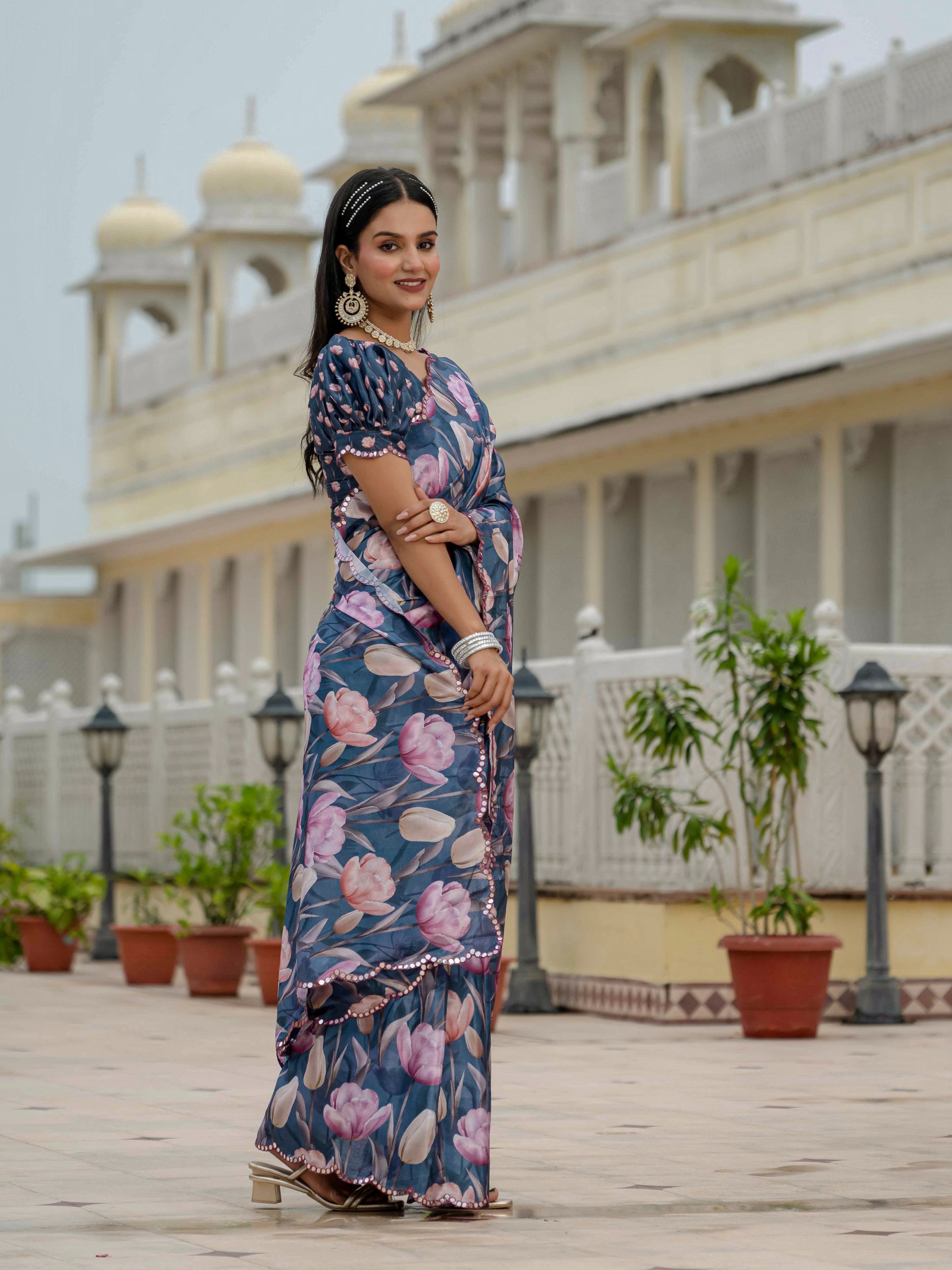 Jyoti Fashion Women's Navy Blue Chinon Digital Print with Mirror Saree with Blouse