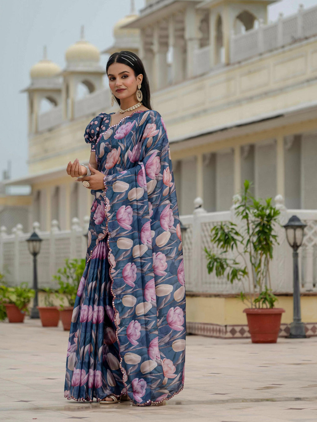 Jyoti Fashion Women's Navy Blue Chinon Digital Print with Mirror Saree with Blouse