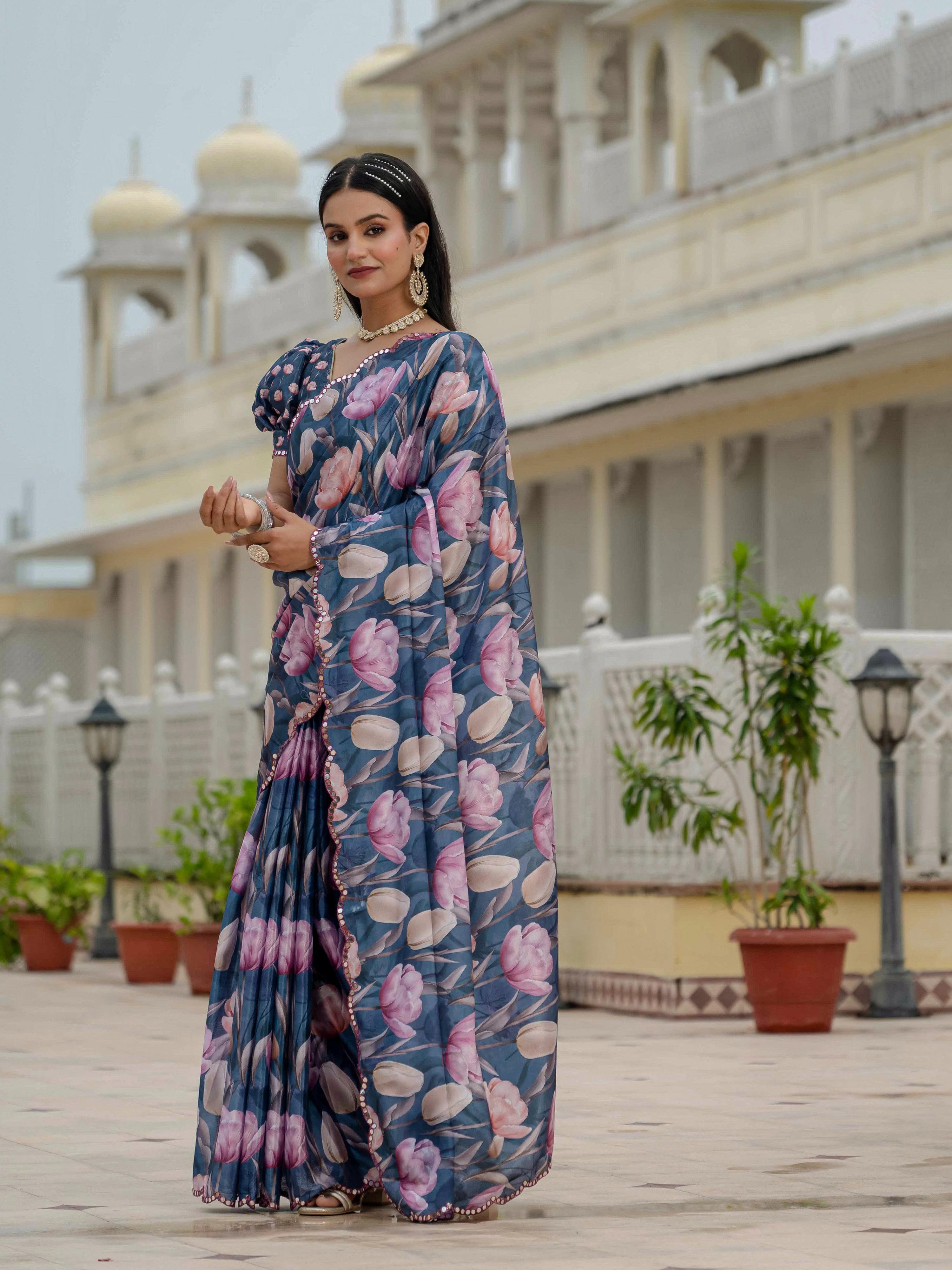 Jyoti Fashion Women's Navy Blue Chinon Digital Print with Mirror Saree with Blouse