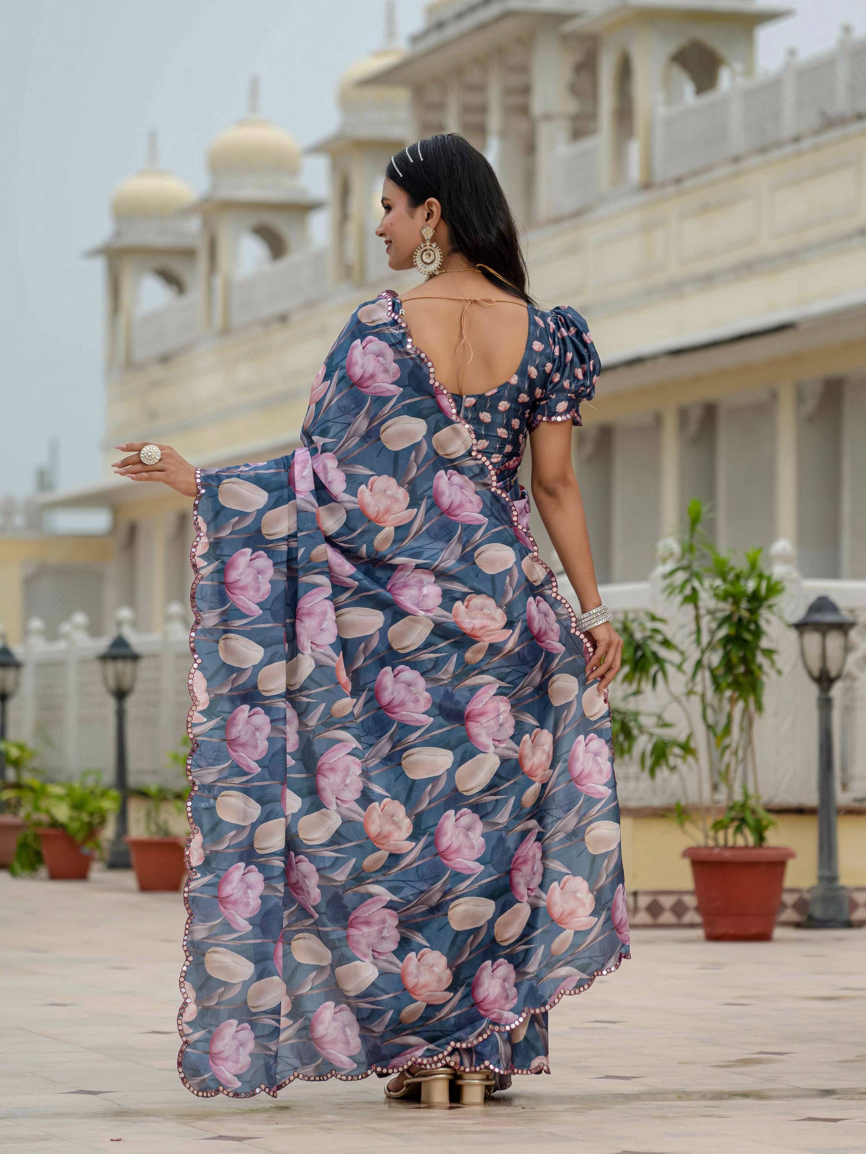 Jyoti Fashion Women's Navy Blue Chinon Digital Print with Mirror Saree with Blouse