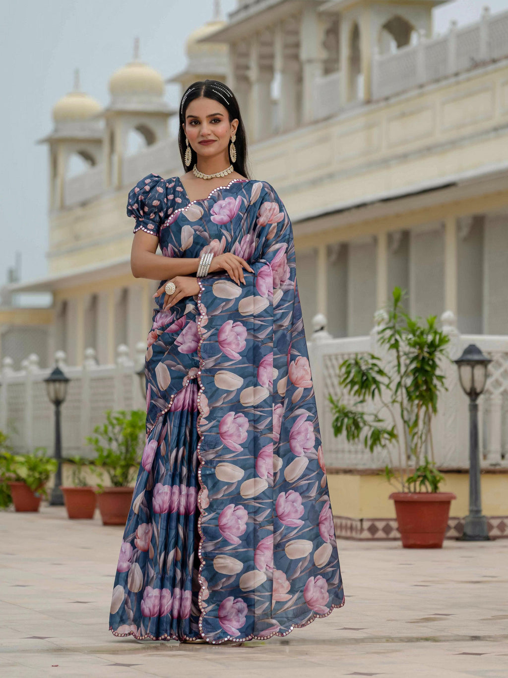 Jyoti Fashion Women's Navy Blue Chinon Digital Print with Mirror Saree with Blouse