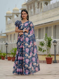 Jyoti Fashion Women's Navy Blue Chinon Digital Print with Mirror Saree with Blouse