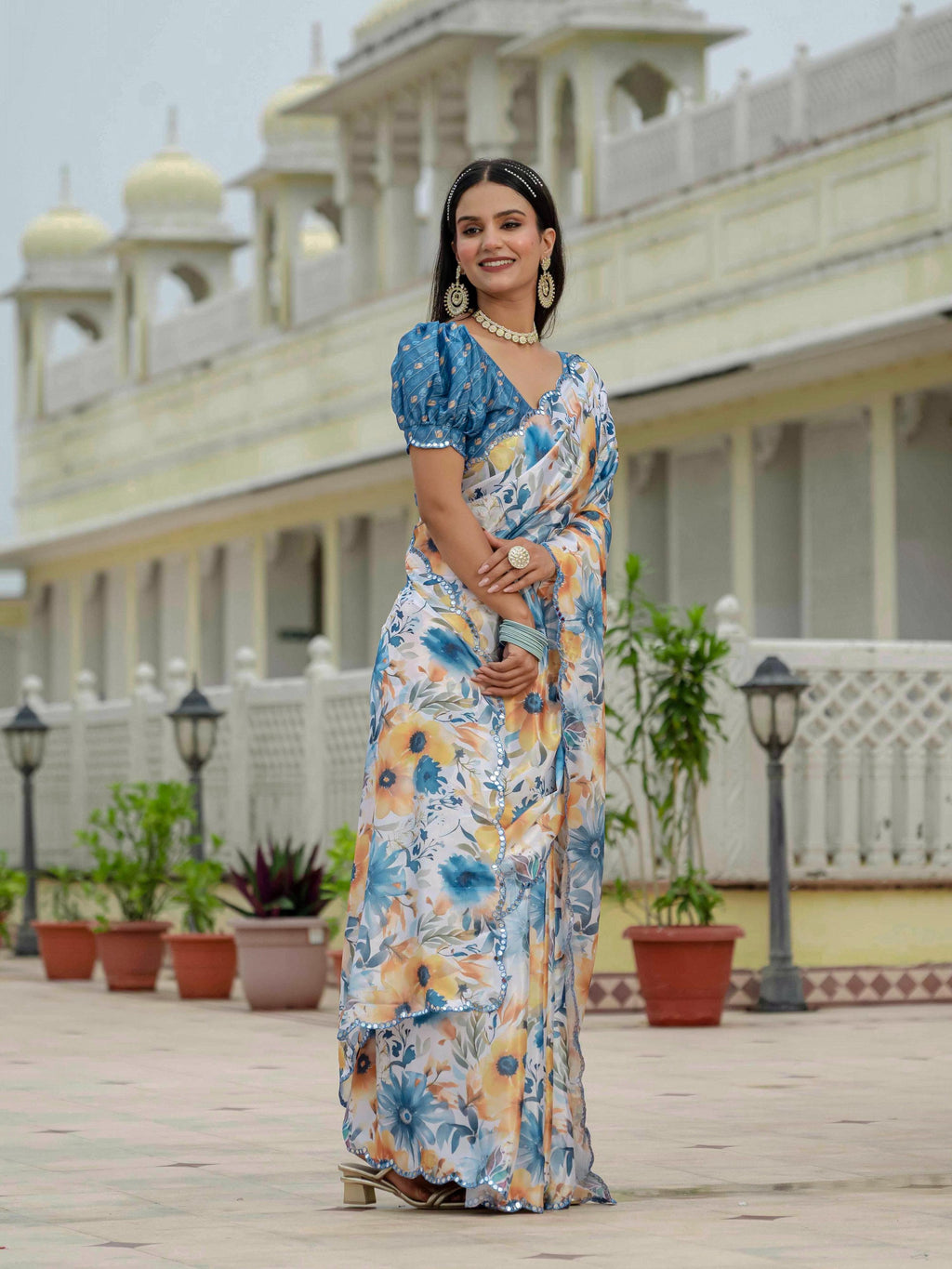 Jyoti Fashion Women's Multicolor Chinon Digital Print with Mirror Saree with Blouse
