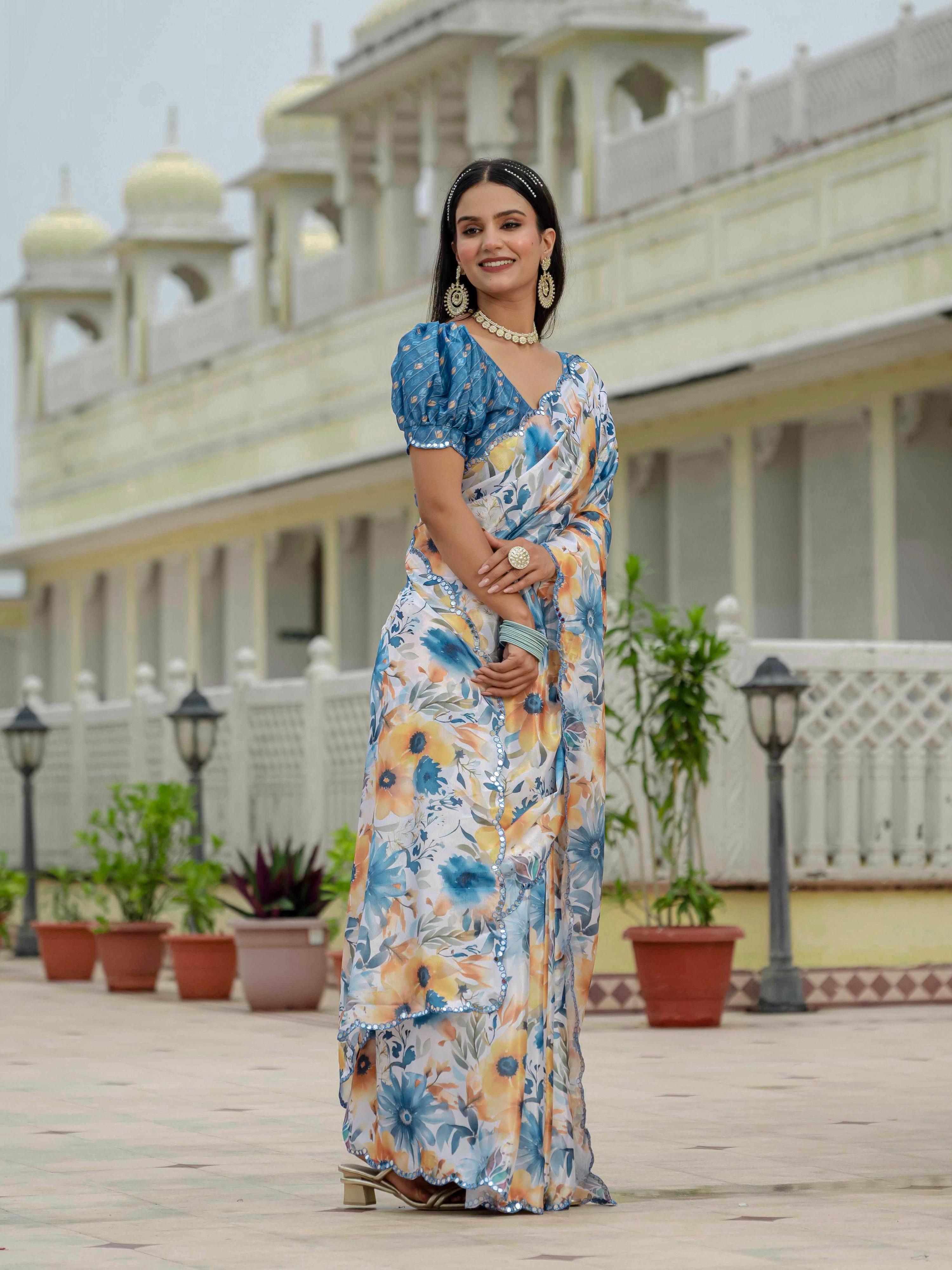 Jyoti Fashion Women's Multicolor Chinon Digital Print with Mirror Saree with Blouse