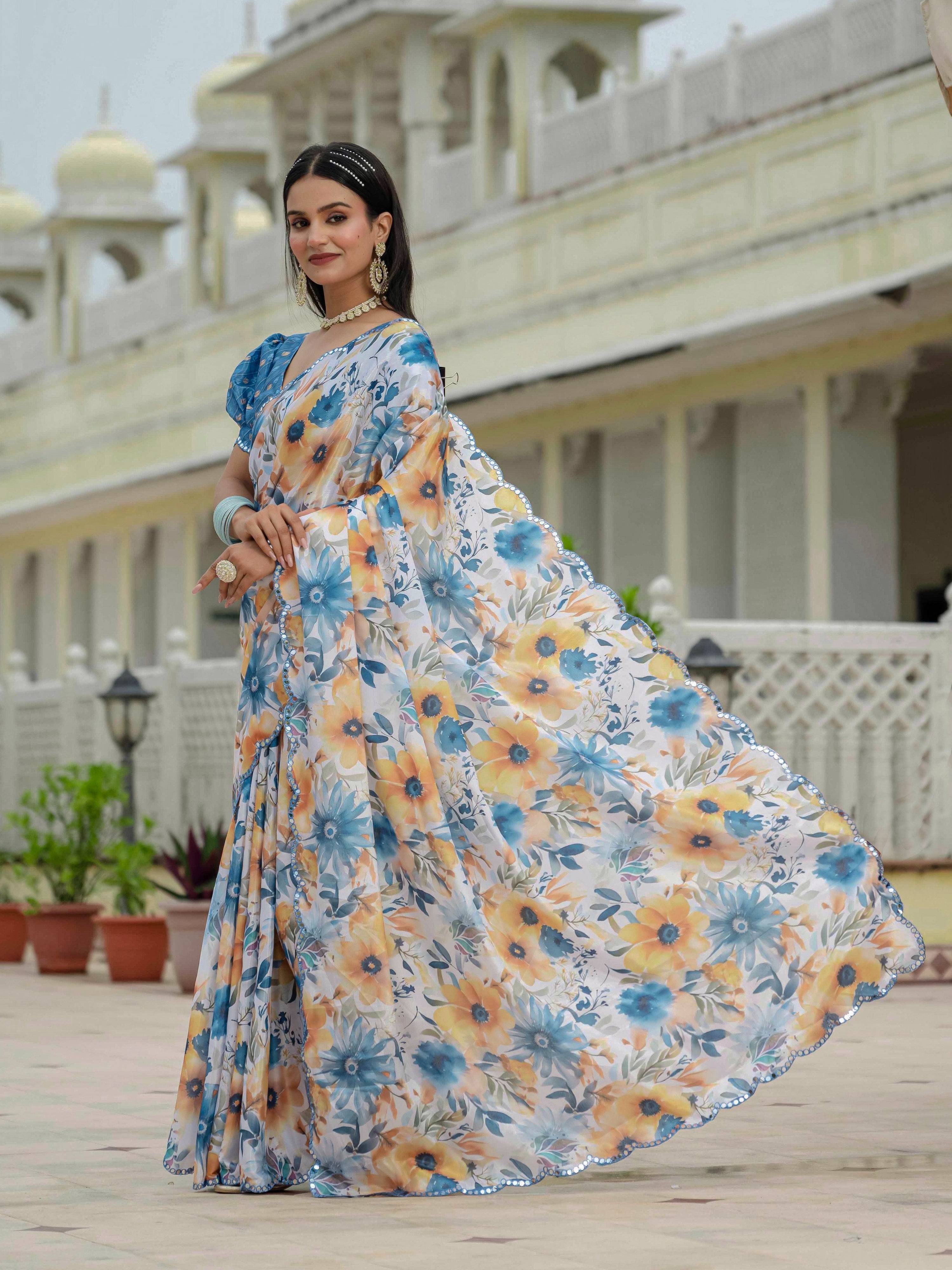 Jyoti Fashion Women's Multicolor Chinon Digital Print with Mirror Saree with Blouse