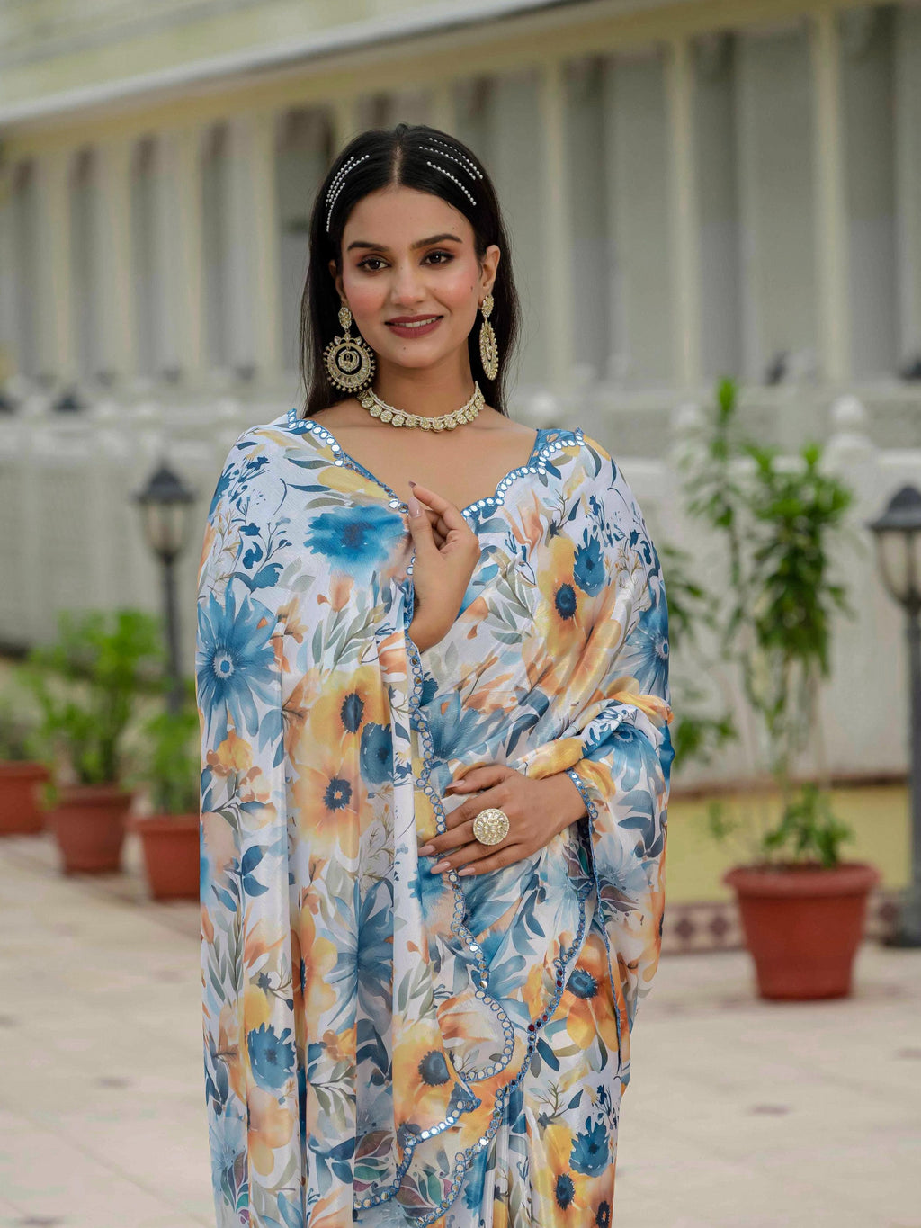 Jyoti Fashion Women's Multicolor Chinon Digital Print with Mirror Saree with Blouse