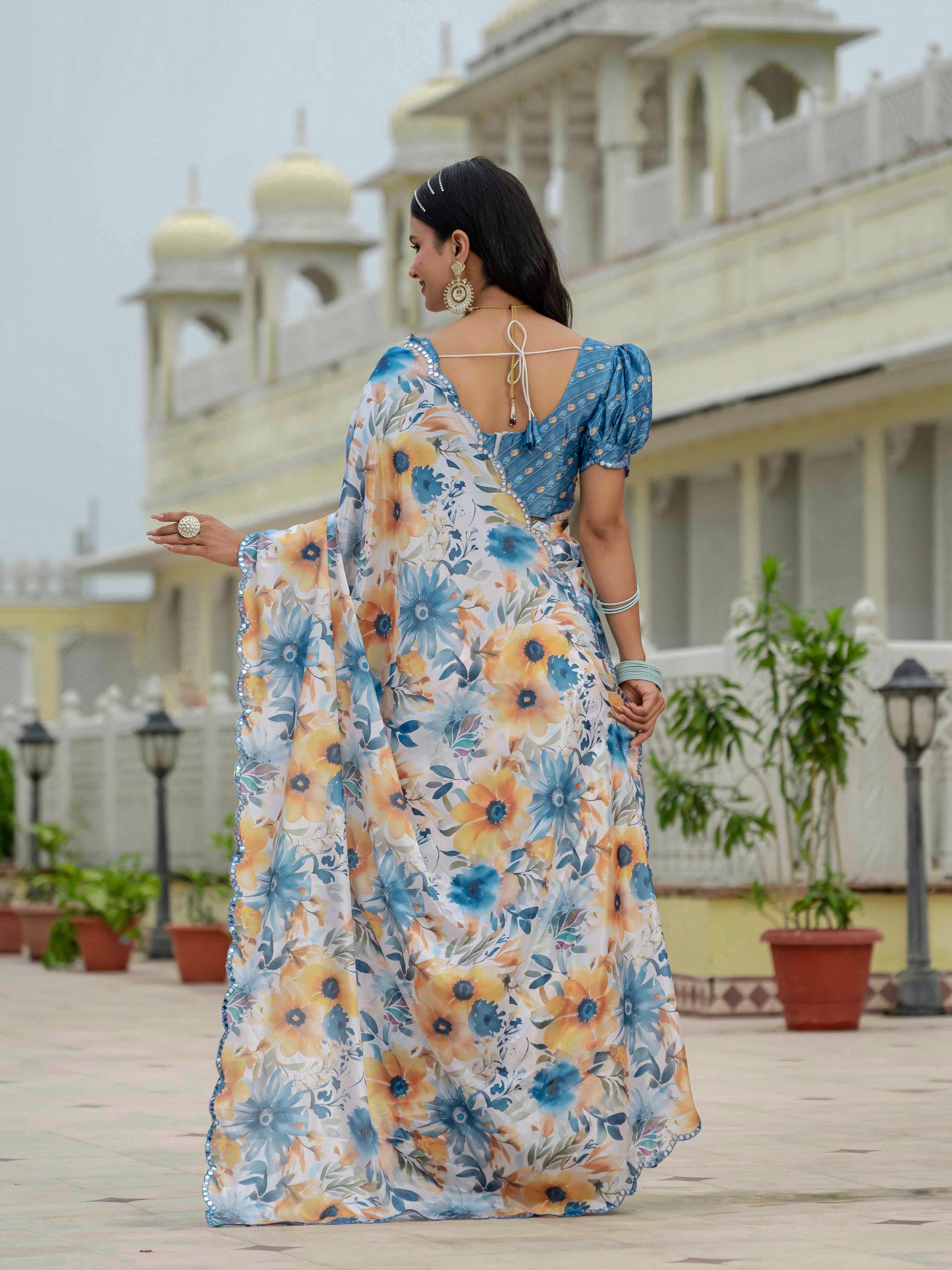 Jyoti Fashion Women's Multicolor Chinon Digital Print with Mirror Saree with Blouse