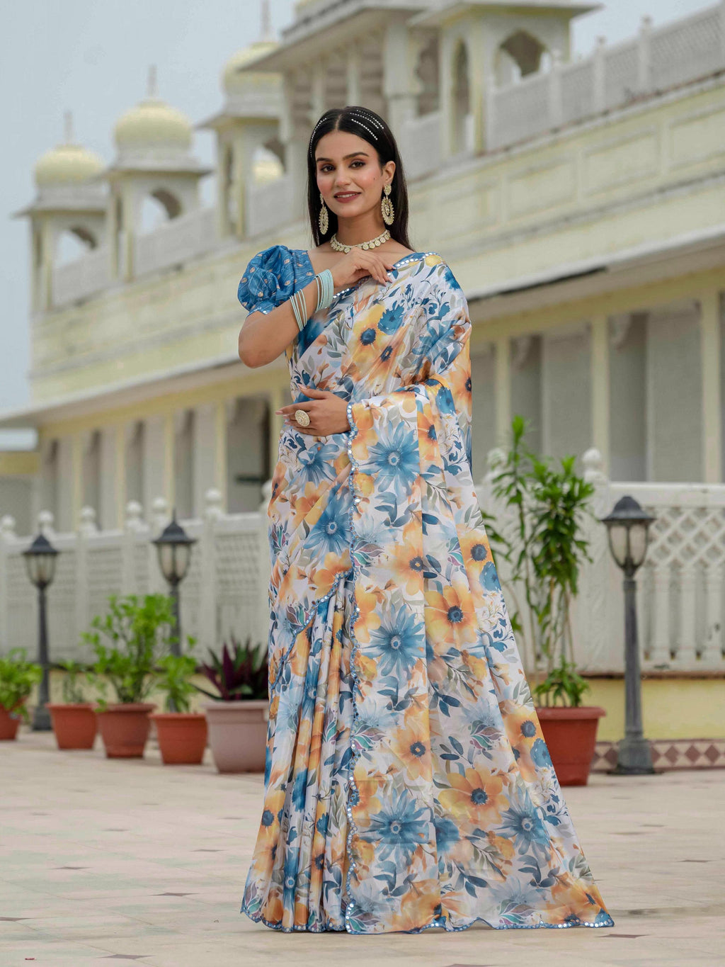 Jyoti Fashion Women's Multicolor Chinon Digital Print with Mirror Saree with Blouse