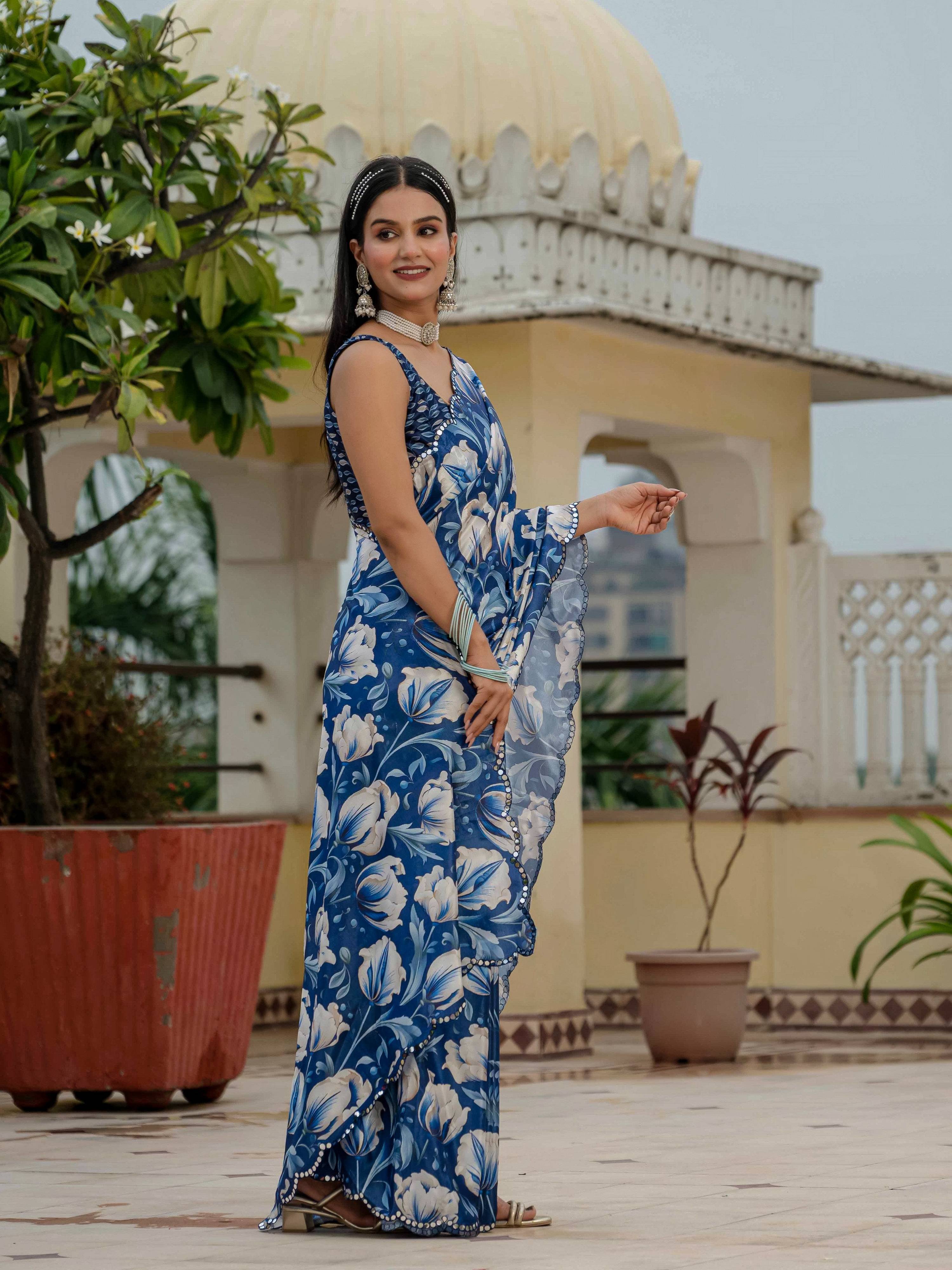 Jyoti Fashion Women's Royal Blue Chinon Digital Print with Mirror Saree with Blouse