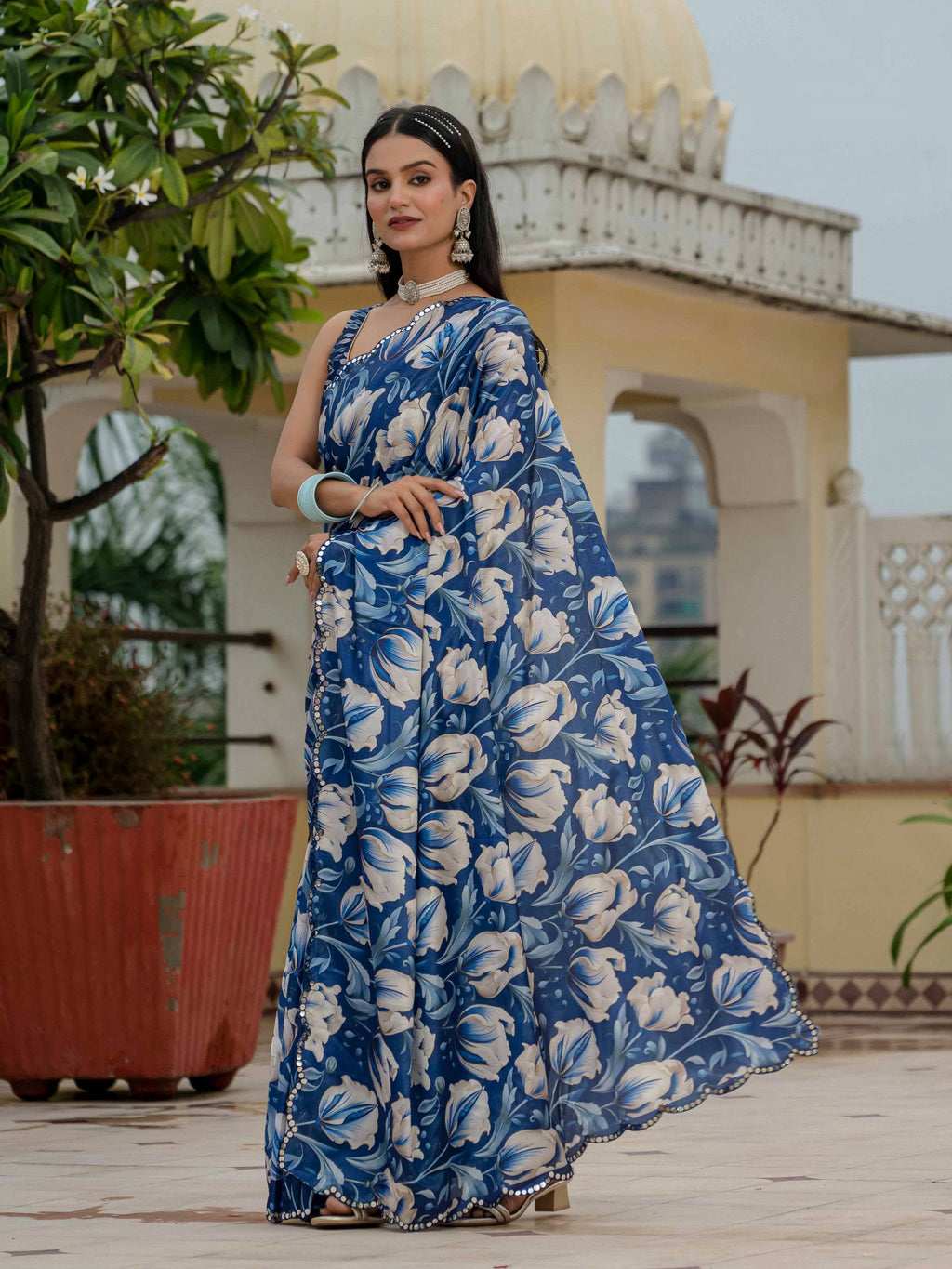Jyoti Fashion Women's Royal Blue Chinon Digital Print with Mirror Saree with Blouse