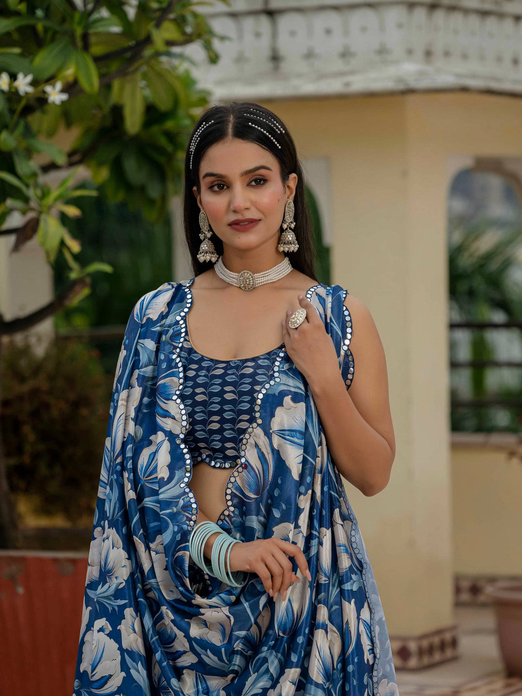 Jyoti Fashion Women's Royal Blue Chinon Digital Print with Mirror Saree with Blouse