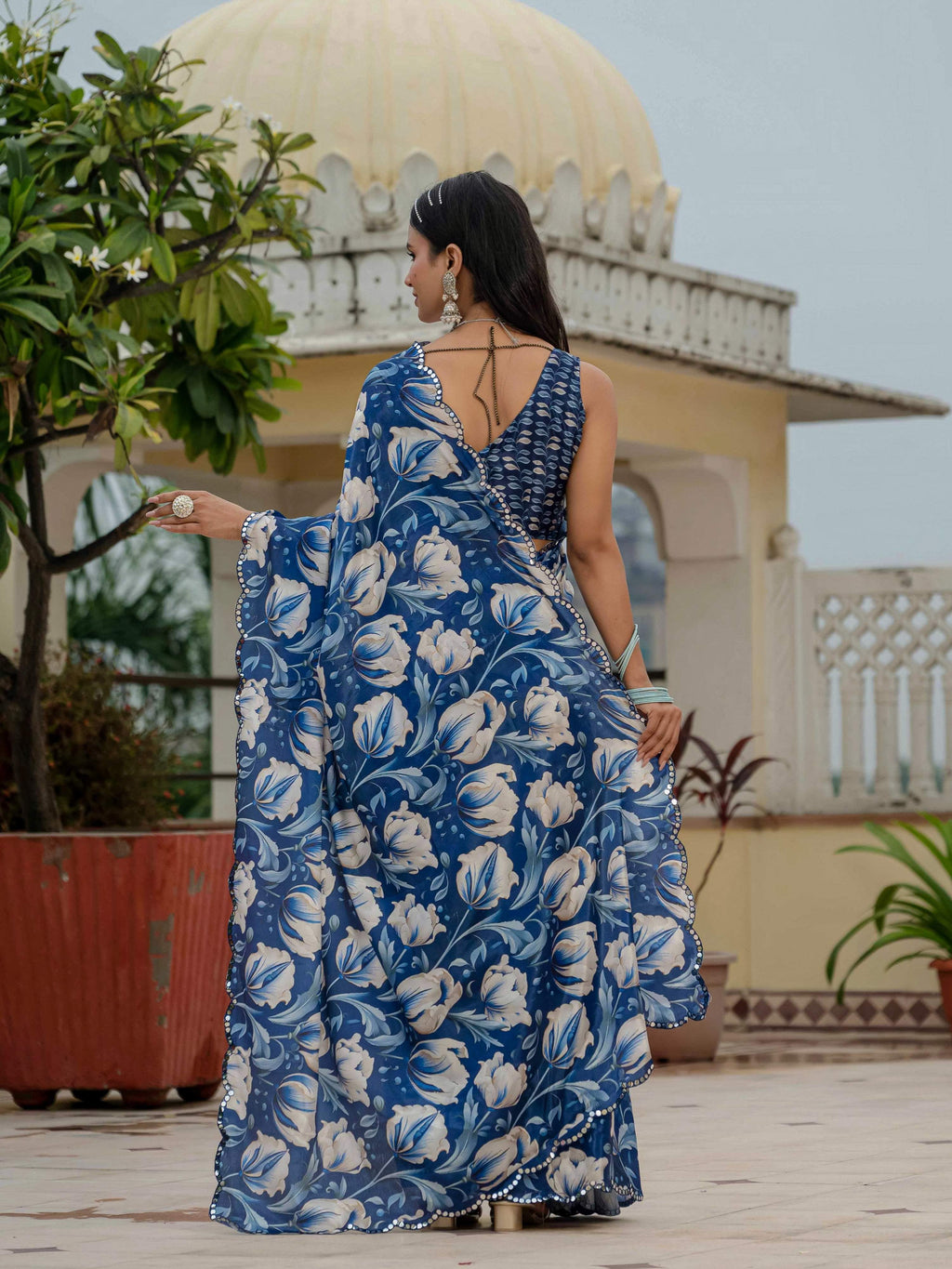 Jyoti Fashion Women's Royal Blue Chinon Digital Print with Mirror Saree with Blouse