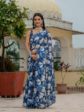 Jyoti Fashion Women's Royal Blue Chinon Digital Print with Mirror Saree with Blouse