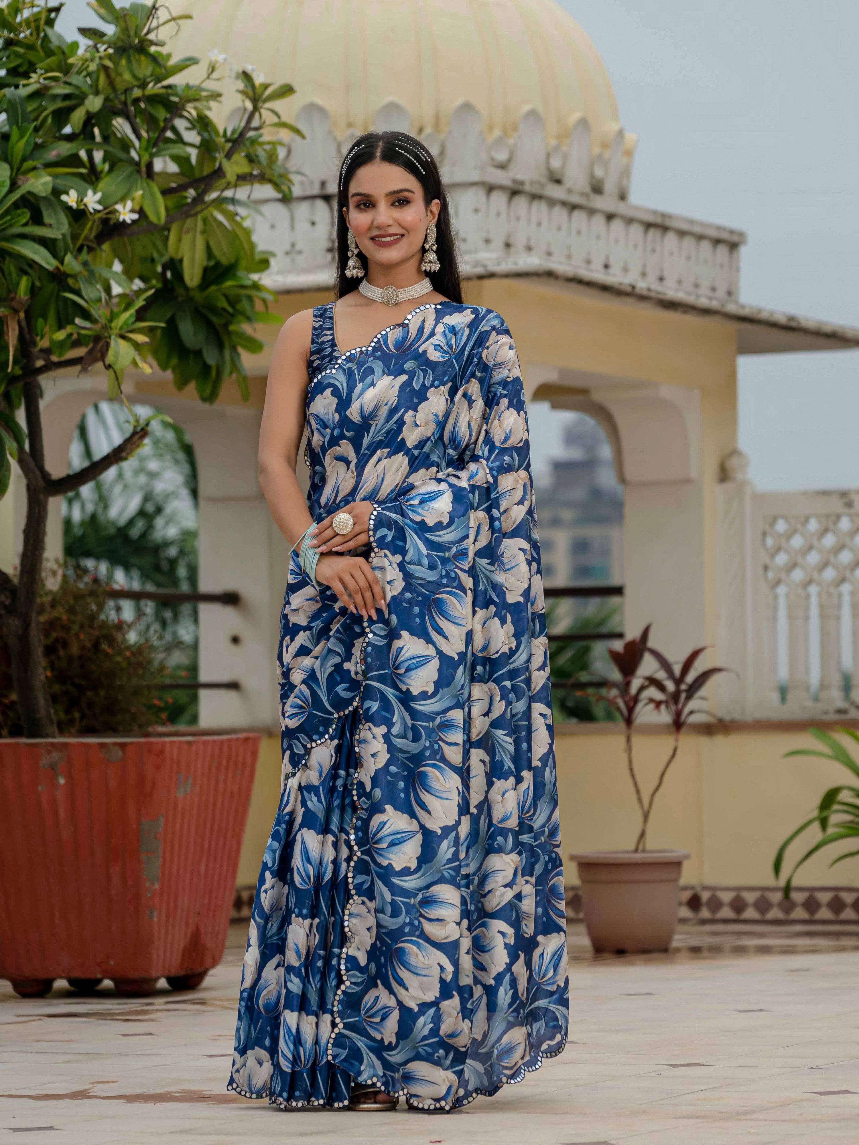 Jyoti Fashion Women's Royal Blue Chinon Digital Print with Mirror Saree with Blouse