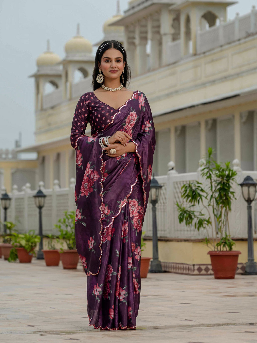 Jyoti Fashion Women's Wine Chinon Digital Print with Mirror Saree with Blouse