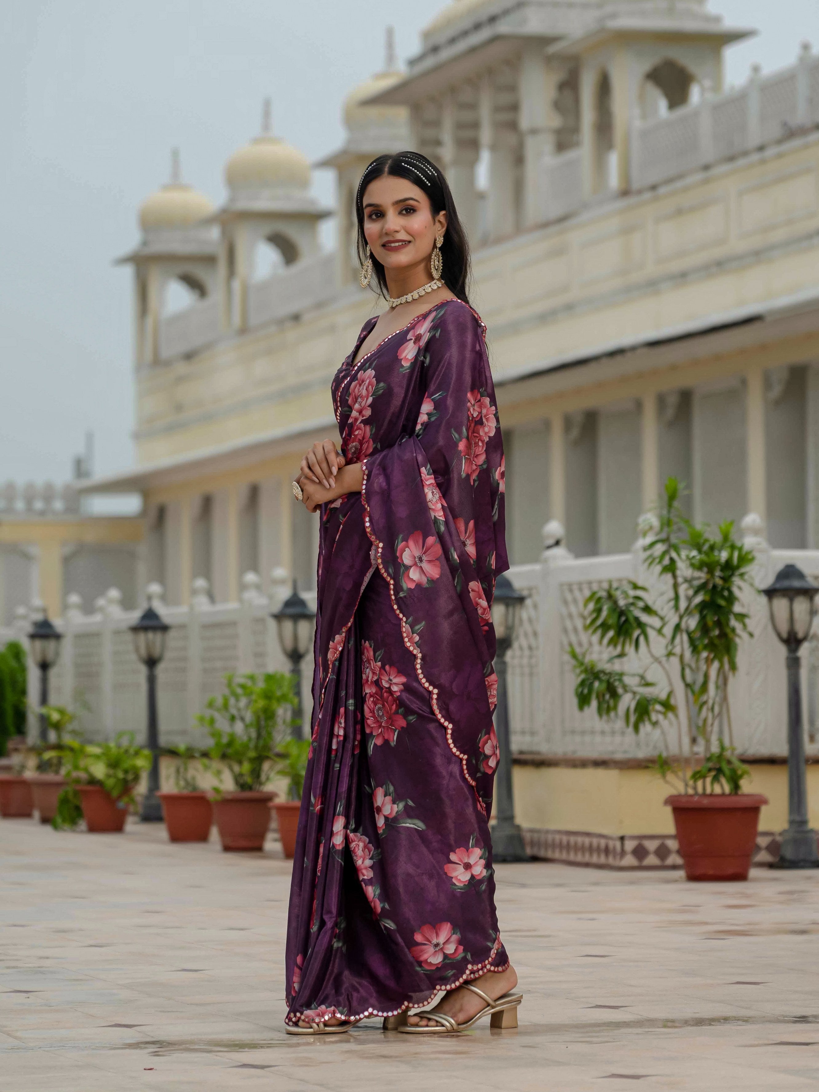 Jyoti Fashion Women's Wine Chinon Digital Print with Mirror Saree with Blouse