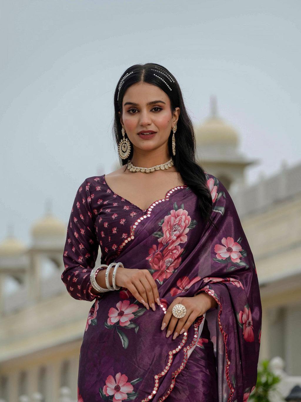 Jyoti Fashion Women's Wine Chinon Digital Print with Mirror Saree with Blouse